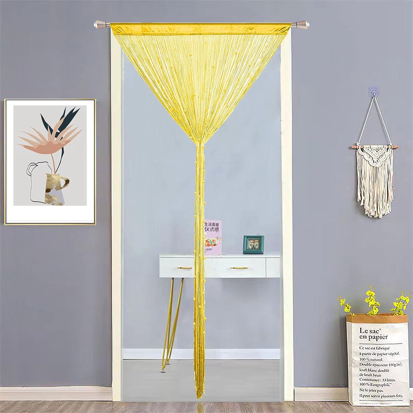 Beaded Doorway Curtain Door Beads Dense String Curtains Fringe Hippie Perfect for Wall Hanging Decor Room Divider Privacy Doors Window Closet Doorways Decorations (100x280cm,Yellow)