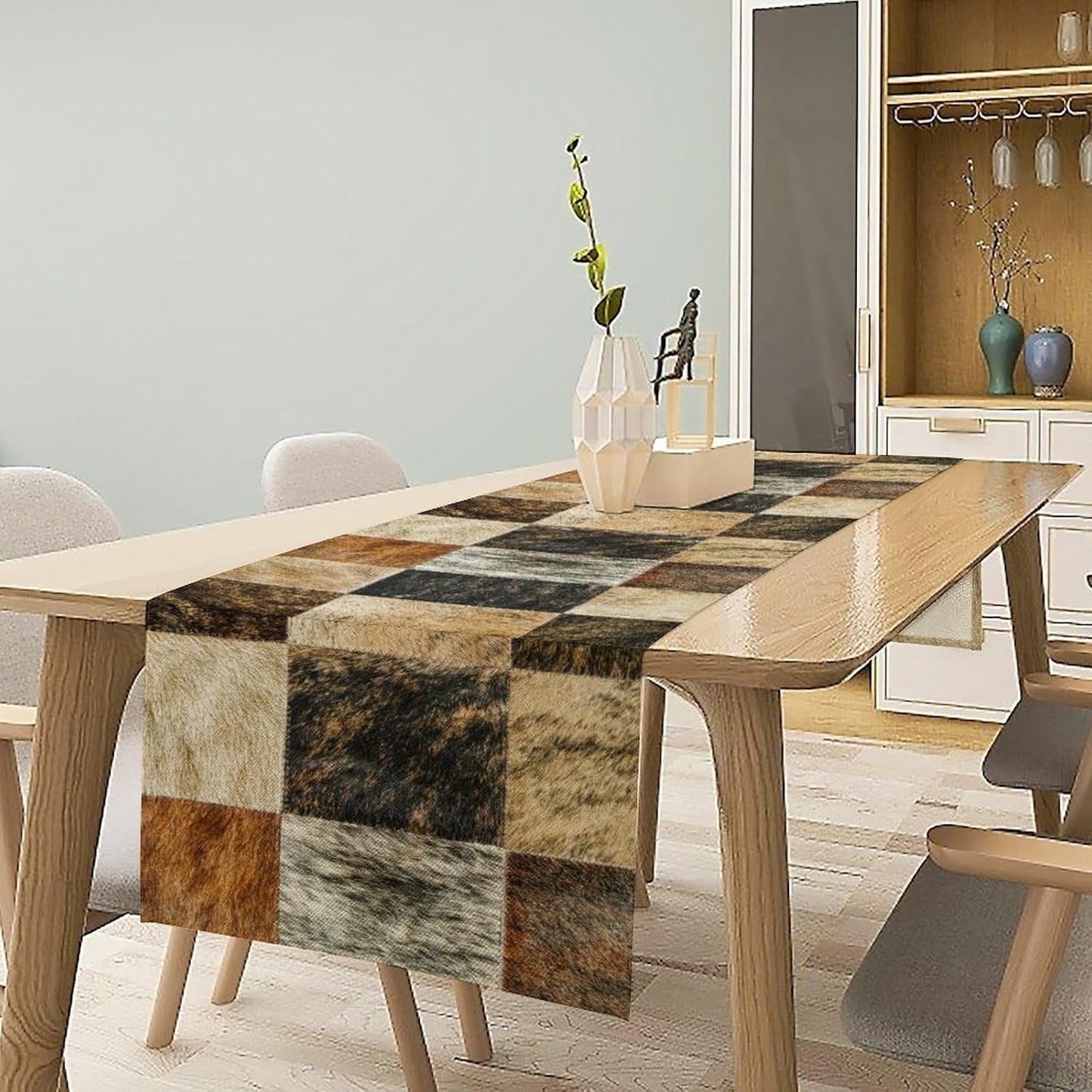 Rustic Cow Skin Patchwork Print Table Runner, Farmhouse Country Western Style Fur Table Cover for Dinning Home Party Holidays Home Setting, 13x70 Inch
