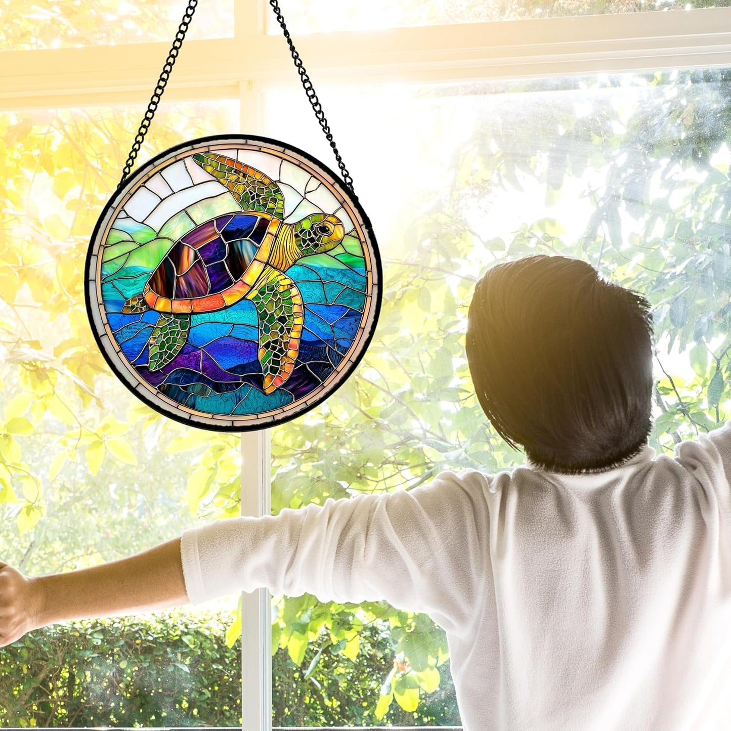 Stained Glass Window Hanging, Colored Turtle Ocean Suncatcher Diamond Glass Panel Hangings Marine Life Sun Catchers Decor for Birthday for Women, Men, Wife, Aunt, Mom 6.3 in