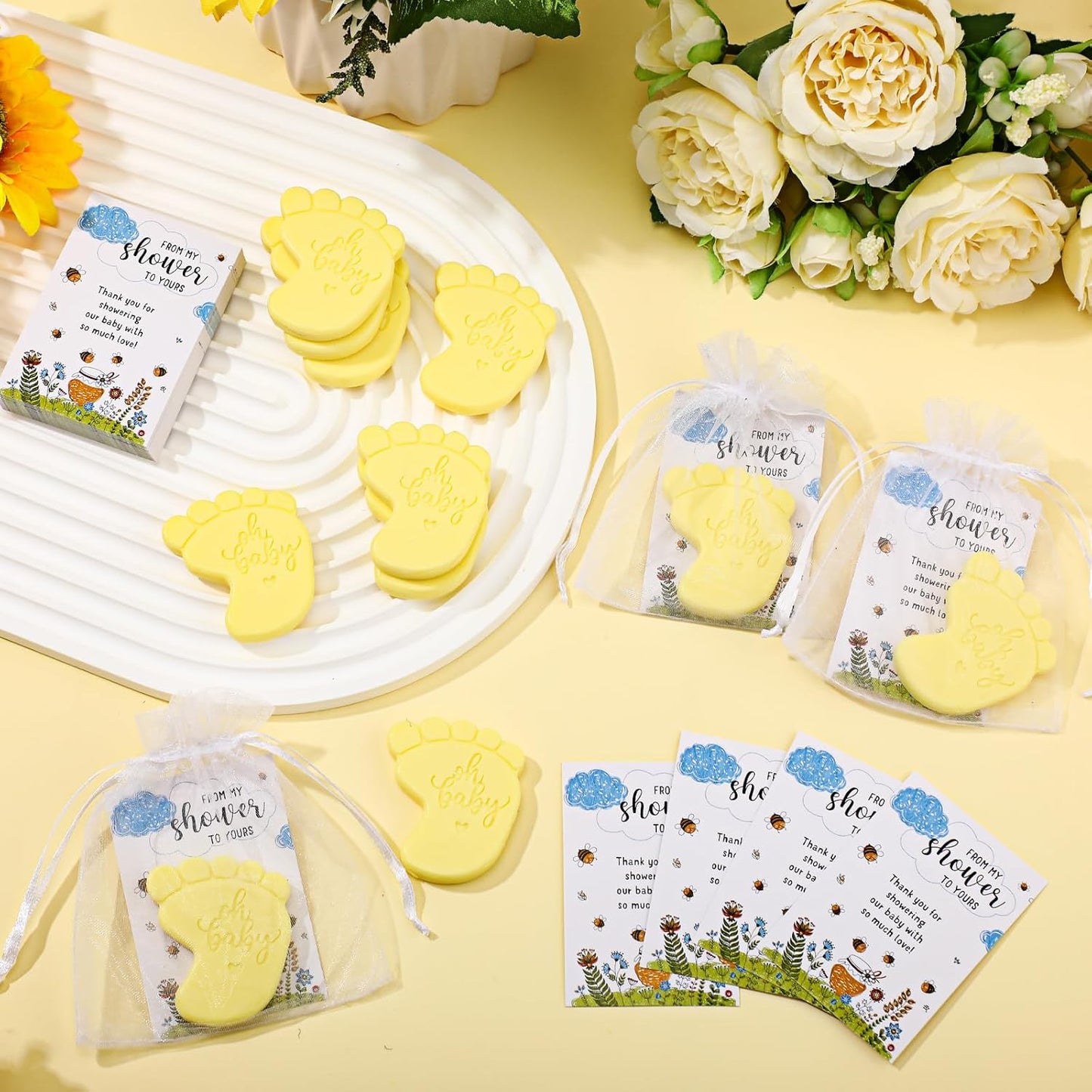 50 Sets Baby Shower Soap Favors for Guests - Mini Handmade Footprint Scented Soap with Thank You Cards and Organza Bag, Party Gifts for Gender Reveal Baptism Shower (Light Yellow)