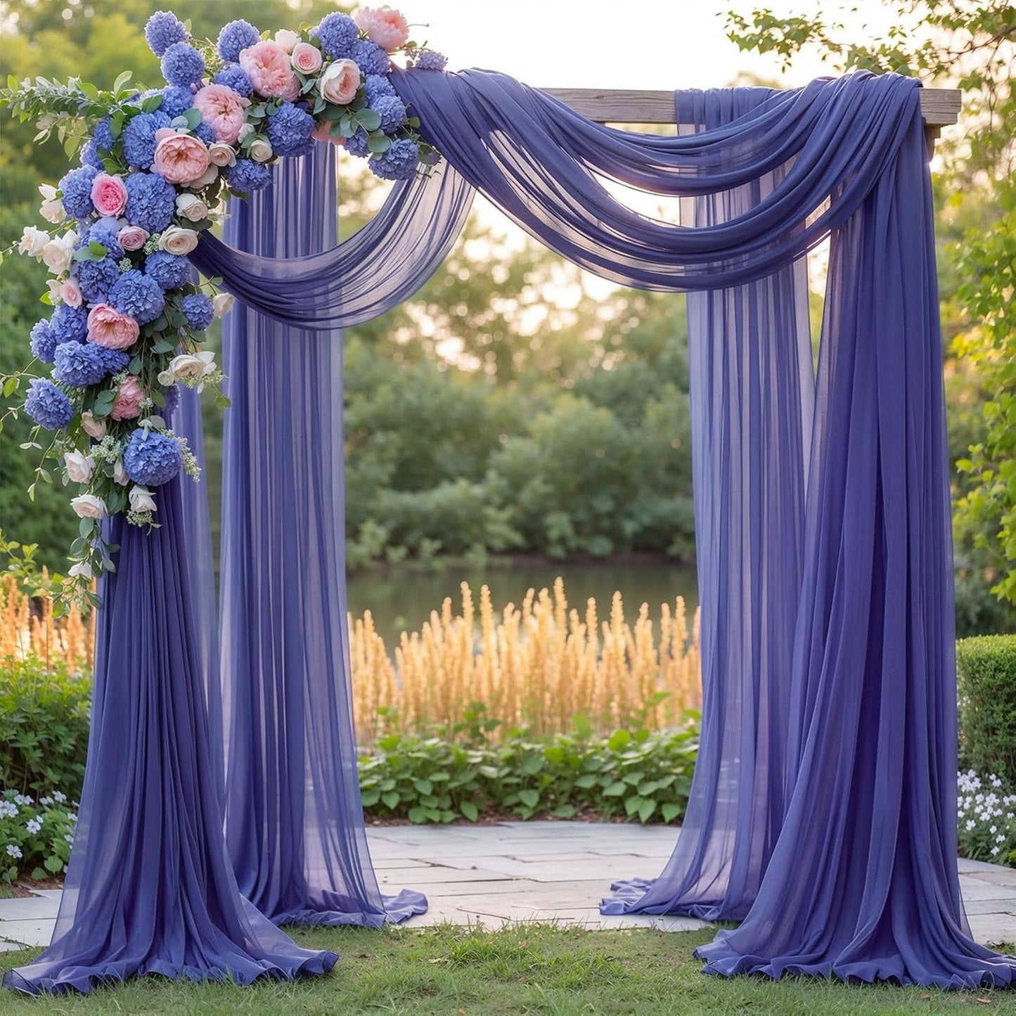 PARTISKY Wedding Arch Draping Fabric, 2 Panels 6 Yards Navy Blue Sheer Backdrop Curtain Window Scarf Valance for Table Event Party Home Decorations（2 Panels）, Navy Blue