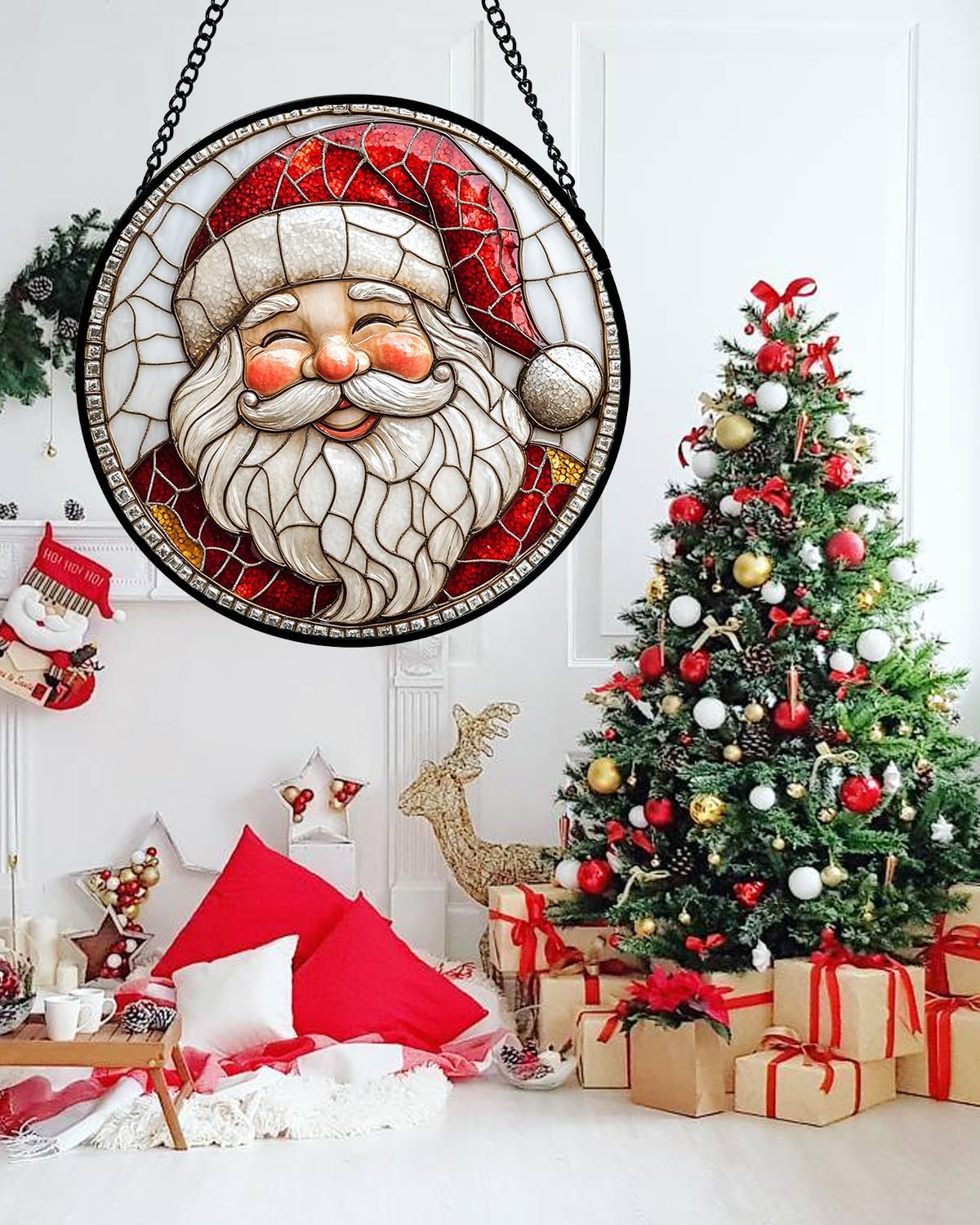 Stained Glass Window Hanging - Red White Santa Claus Suncatcher for Doors Home Christmas Decoration Winter Sun Catcher Thanksgiving New Year Birthday Gifts for Women Men Mom Nana Girl 9.8 in