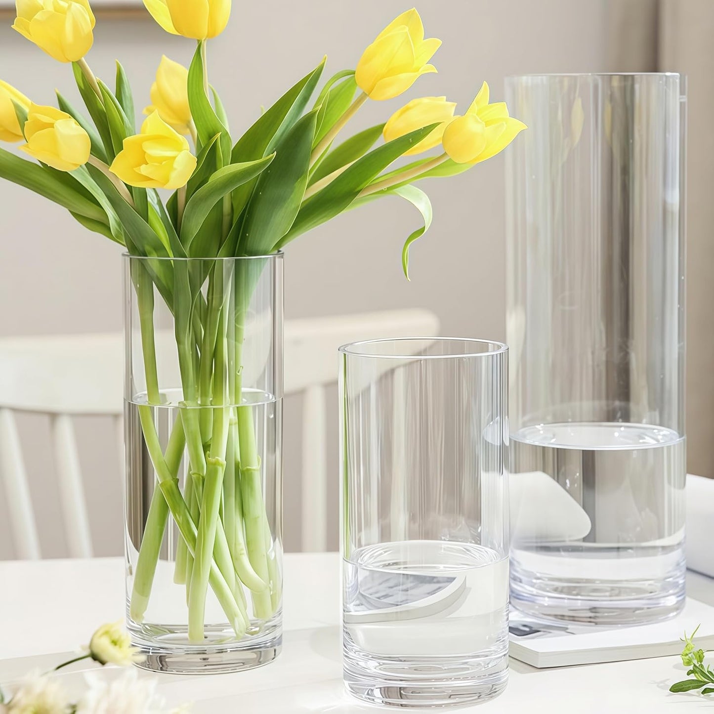 2 Acrylic Cylinder Clear Vase for Centerpieces, Tall Large Unbreakable Plastic Flower Vases for Home Decor (D 4.8" X H 7.8" - H 12" + 2 Holder)