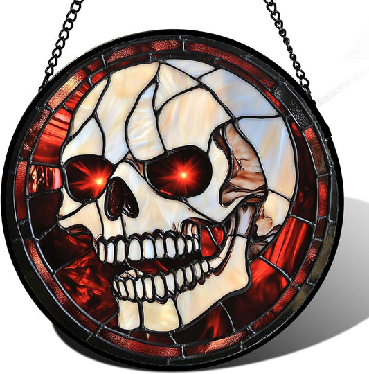 Stained Glass Window Hanging - Halloween Decorations White Skeleton Suncatcher for Doors Garden Indoor Spooky Funny Red Sun Catchers Gothic Decor Horror Gifts for Women Men Friend 9.8 in