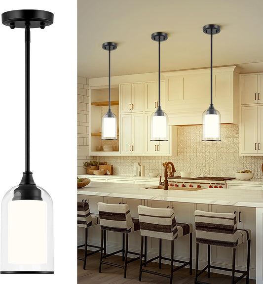 LIROUVET Black Pendant Light Fixtures - Dual Glass Hanging Light, 1-Light Pendant Lights with Clear and Milk Glass, Industrial Pendant Lighting for Kitchen, Dining Room, PL02BK-N