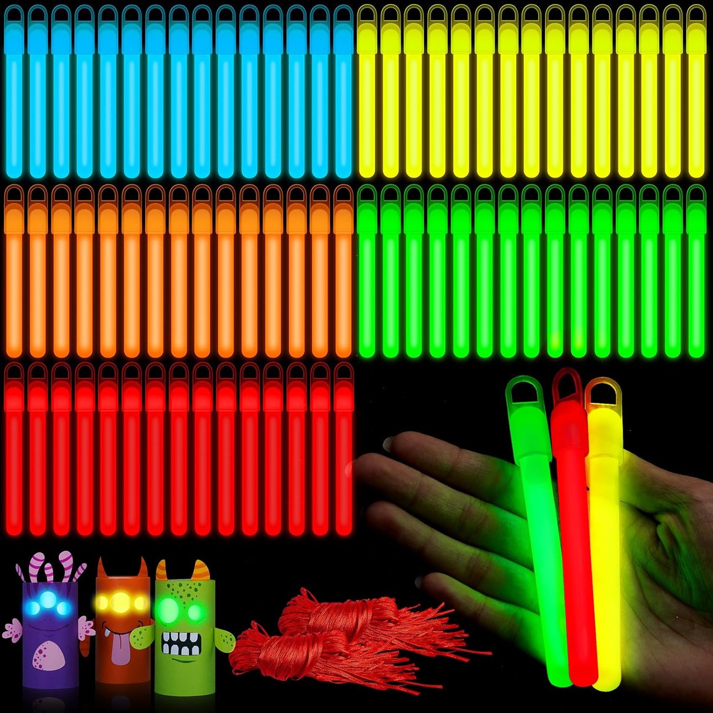Lewtemi 50 Set 4'' Glow Sticks Bulk, Hallowee Glow in The Dark Party Supplies, Emergency Light Sticks with Lanyard, for Birthday, Light up, Neon, Halloween Theme Party Favors