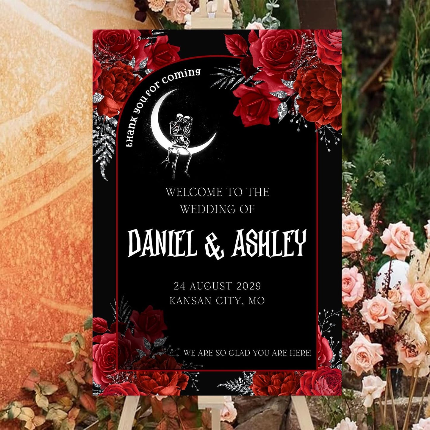 Gothic Halloween Welcome Sign, 4mm Thick Plastic, 12"x18", 28"x24", 18"x27", 24"x36", Black, Burgundy, Ground Stake, Wedding Sign