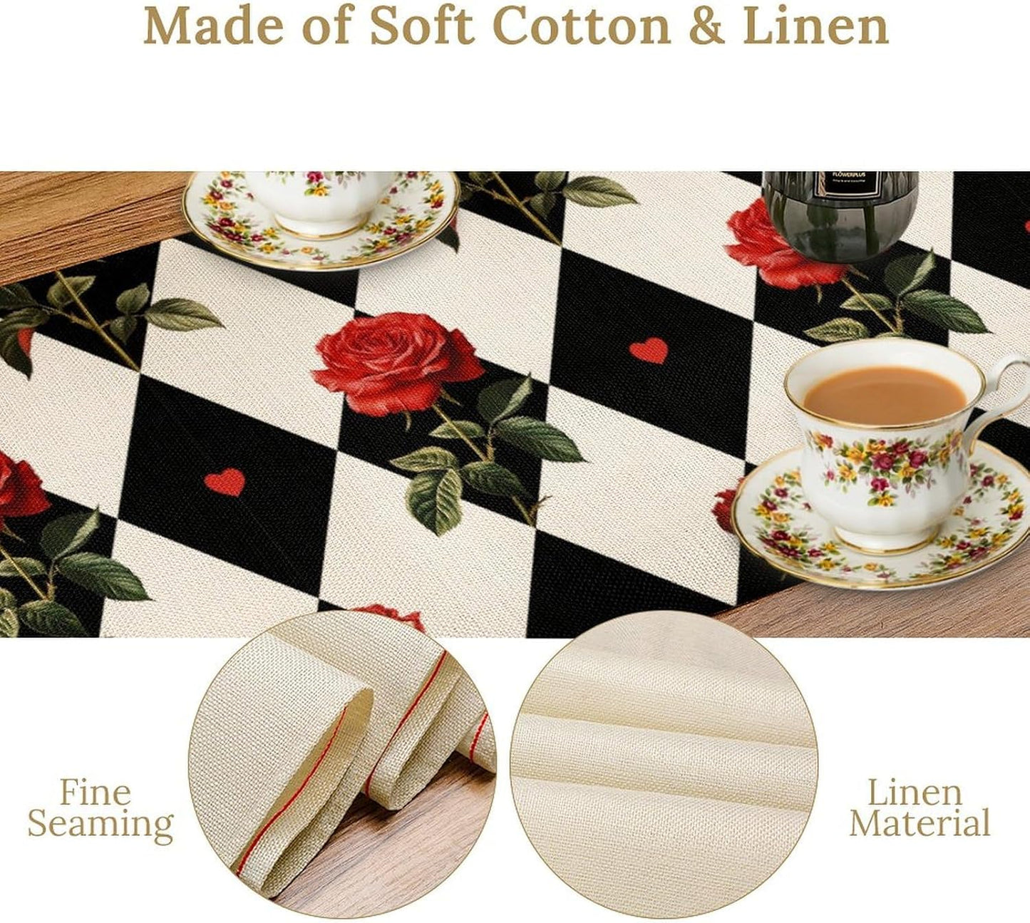 Vintage Rose Table Runner, Red Rose Hearts Black White Checkered Background Table Runner for Kitchen Dinning Table Runner Decor Home Wedding Party Holiday, 13x108 Inch