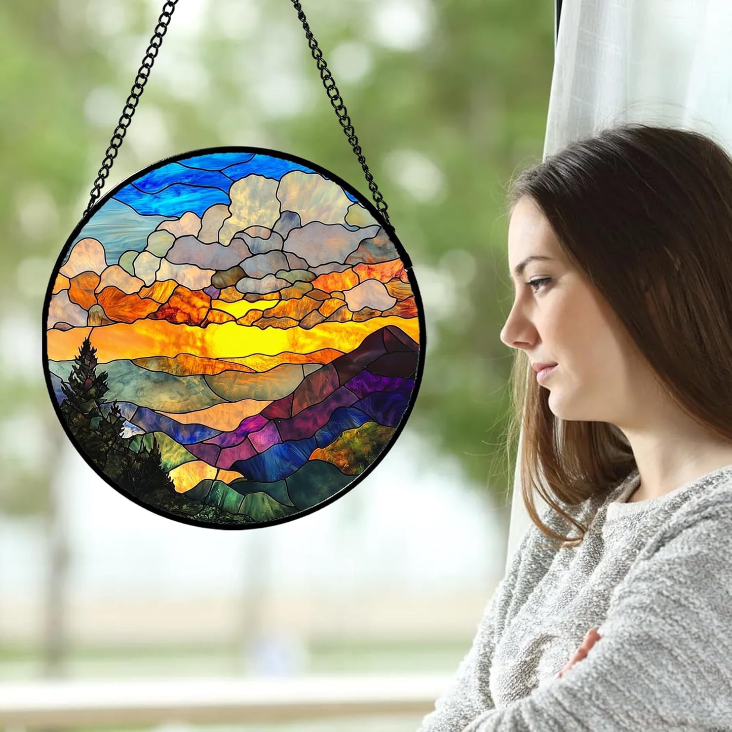 Stained Glass Window Hanging, Abstract Clouds Mountains Landscape Suncatcher for Doors Window Home Sun Catchers Decor Mother's Day Birthday Gifts for Women, Men Mom 7.8 in