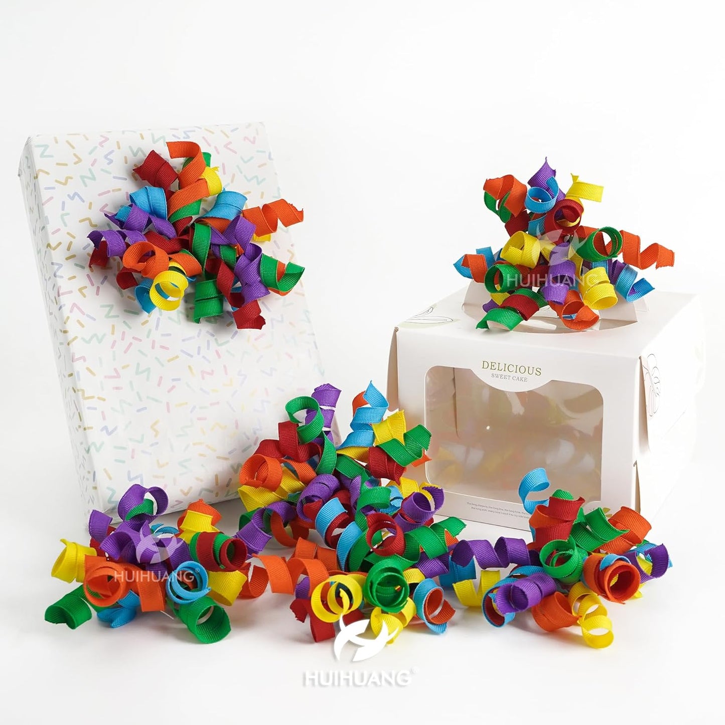 HUIHUANG Rainbow Bows for Gift Wrapping, Birthday Curly Ribbon Bows Self Adhesive Burst Gift Bow for Presents, Wine Bottle, Treat Bags, Birthday, Holiday Party Favors - 6 Counts