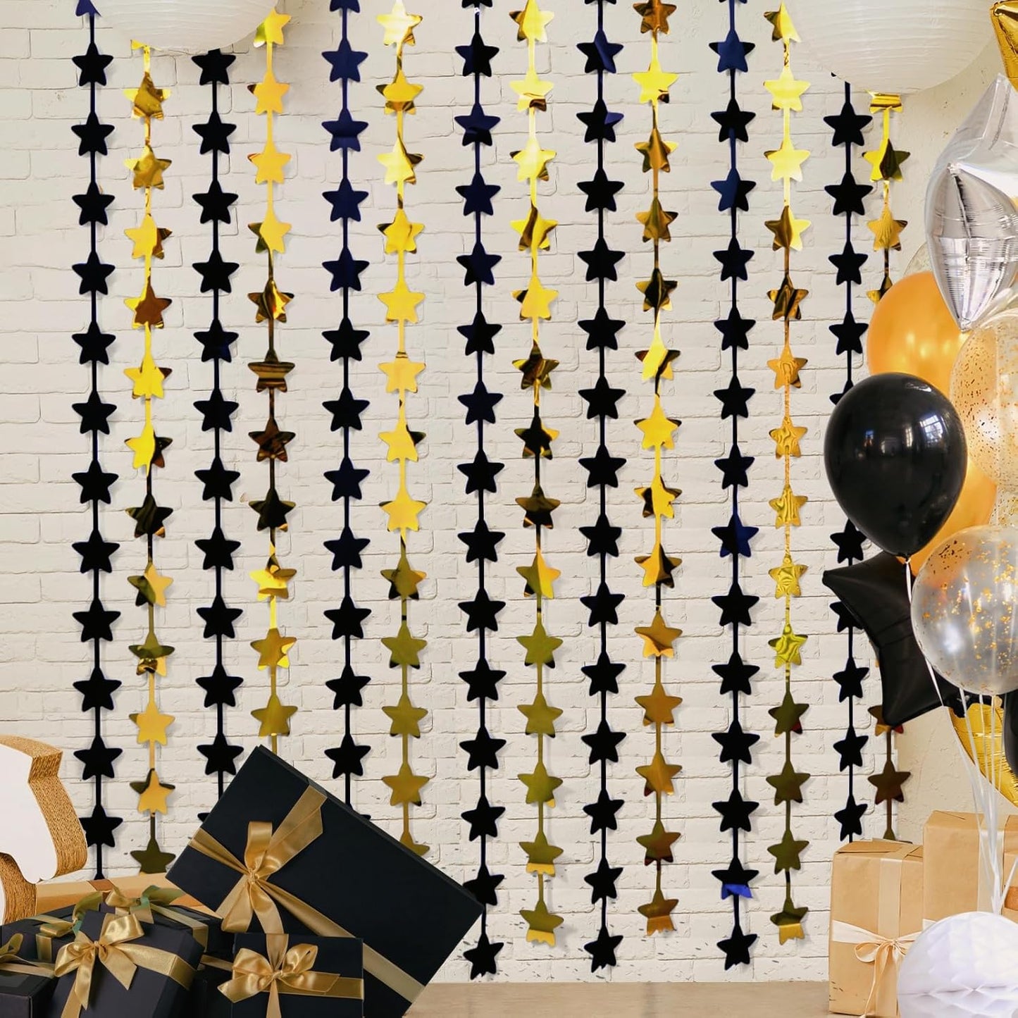 LOLStar Black and Gold Star Birthday Party Decorations 2Pack 3.3X6.6 ft Golden Photo Booth Props Backdrop Streamers Star Foil Fringe Curtains for Men 2025 Graduation Decors Black Yellow Party Supplies