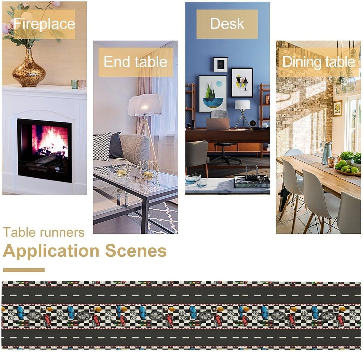 Race Car Table Runner,Checkered Flag Black and White Race Cars Pattern Print Tablecloth Burlap for Hotel Indoors Outdoor Dining Room Kitchen Home Decor,W13X L36 in