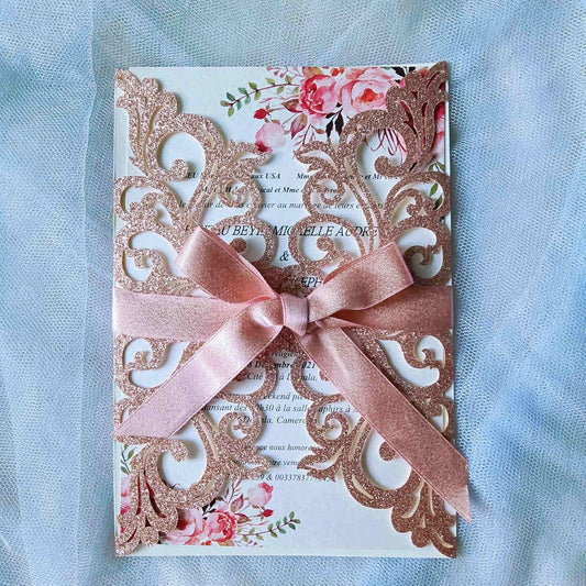 25PCS Rose Gold Laser Cut Wedding Invitations Cards with Envelopes,Blank Inner Sheets,Ribbons for Wedding Bridal Shower Quinceañera Engagement Birthday Invites, rose gold glitter