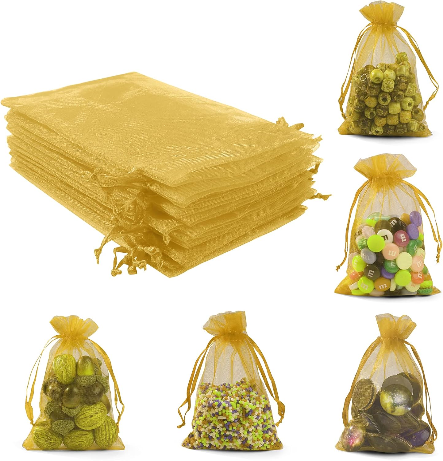 ANZNKU 50 Pack Organza Bags 4 x 6 inch Small Mesh Bags, Premium Gold Favor Bag with Drawstring, Sheer Mesh Bag, Gift Pouches Small Size, Jewelry Pouches for Wedding Party Christmas