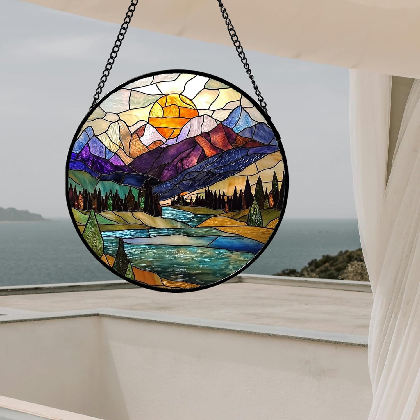Stained Glass Window Hanging, Blue Lake Golden Sun Abstract Mountains Landscape Suncatcher for Doors Window Home Sun Catchers Decor Mother's Day Birthday Gifts for Women Men Mom 9.8 in