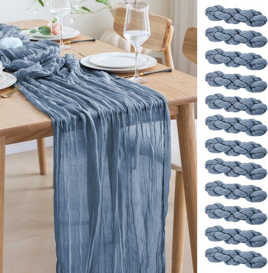 Asee'm 12pcs Cheesecloth Table Runner 120 Inches Long Dusty Blue Boho Gauze Cheese Cloth Runner 10FT Rustic Sheer Table Runners for Christmas Wedding Party Baby Shower Spring Easter Decoration