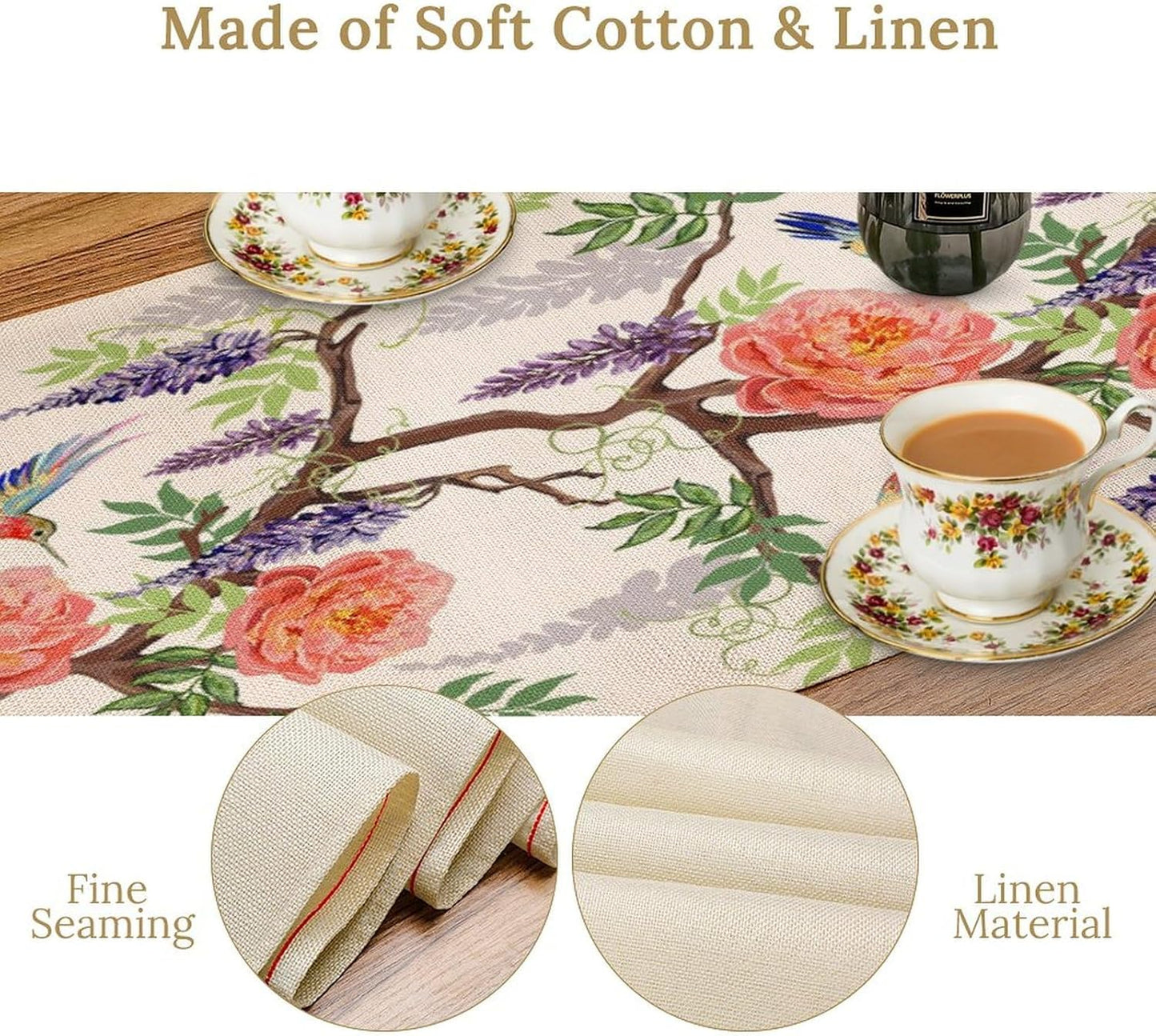 Vintage Bird Flower Table Runner Seasonal Spring Purple Wisteria Garden Plants Lavender Pink Florals Farmhouse Country Kitchen Dinner Runner Dining Table Decoration for Home Party Holiday 13"x60"