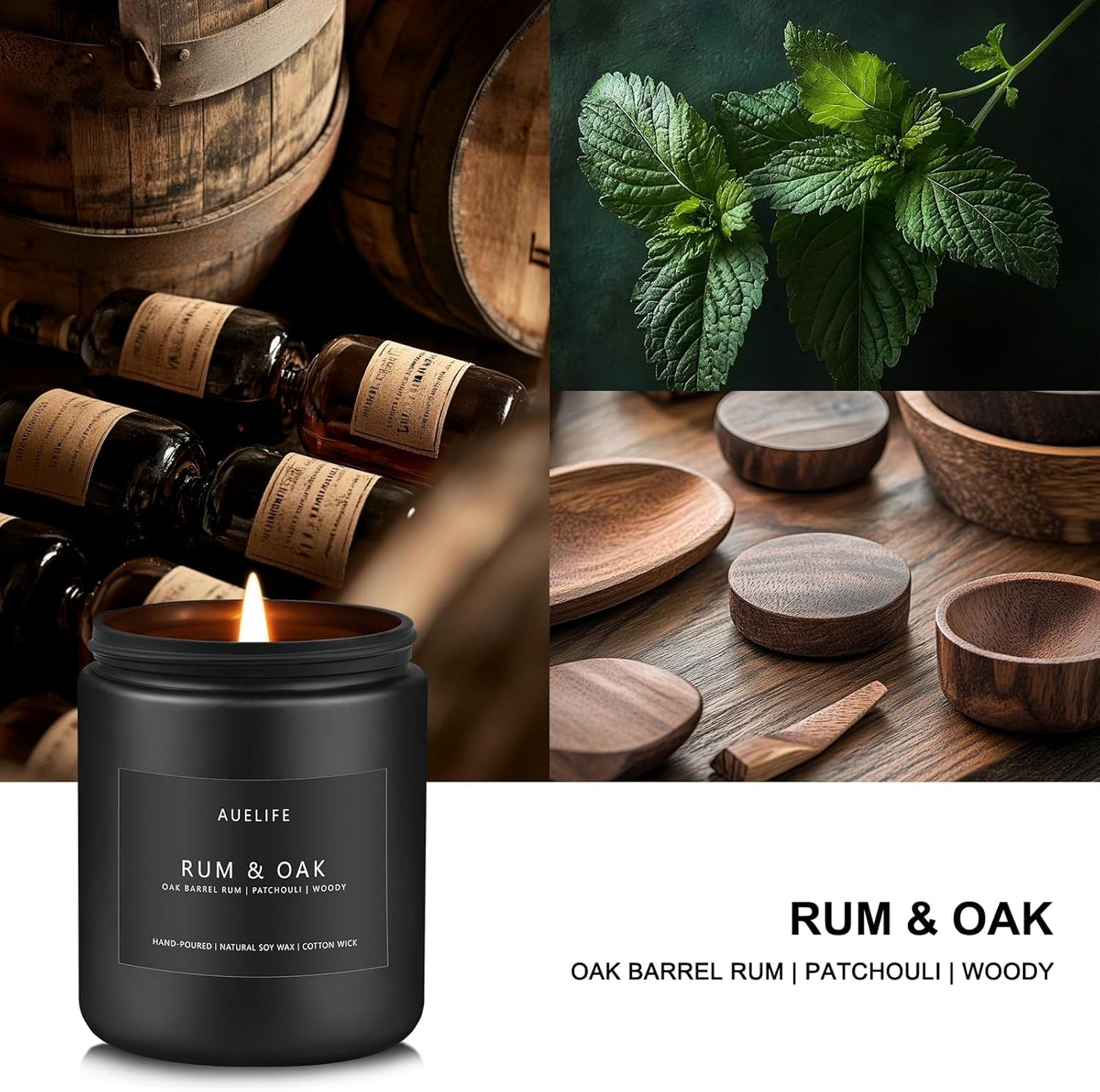 Rum & Oak Candle | Candles for Men, Gifts for Men - Masculine Scent - Soy Candles for Home Scented - Scented Candle for Home, Aromatherapy Candle for Bedroom - 7oz Black Jar