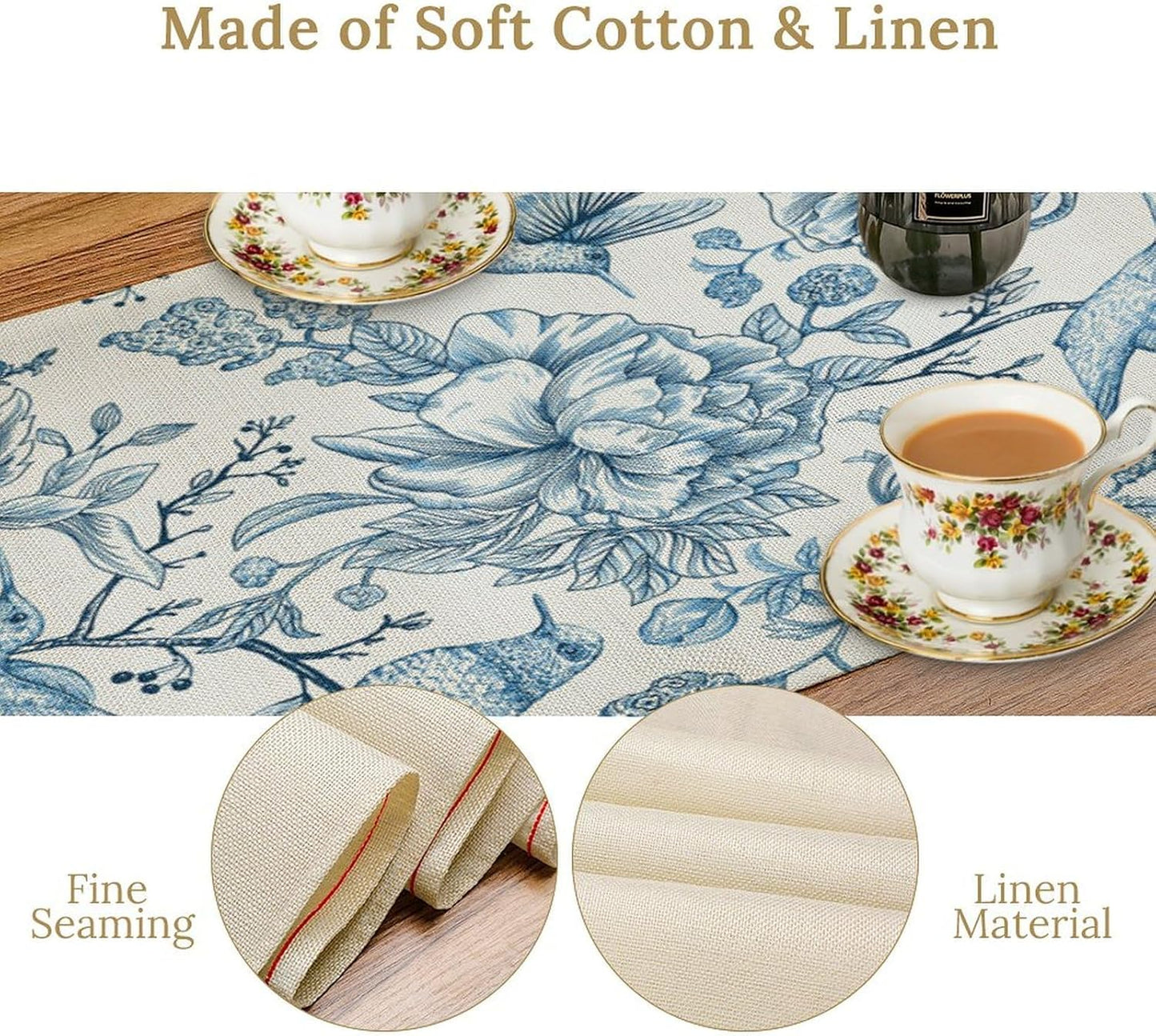 Blue White Table Runner Retro Monochrome Sketch Birds Flower Vintage Floral Kitchen Dining Table Decoration for Home Party Holiday 13"x120"