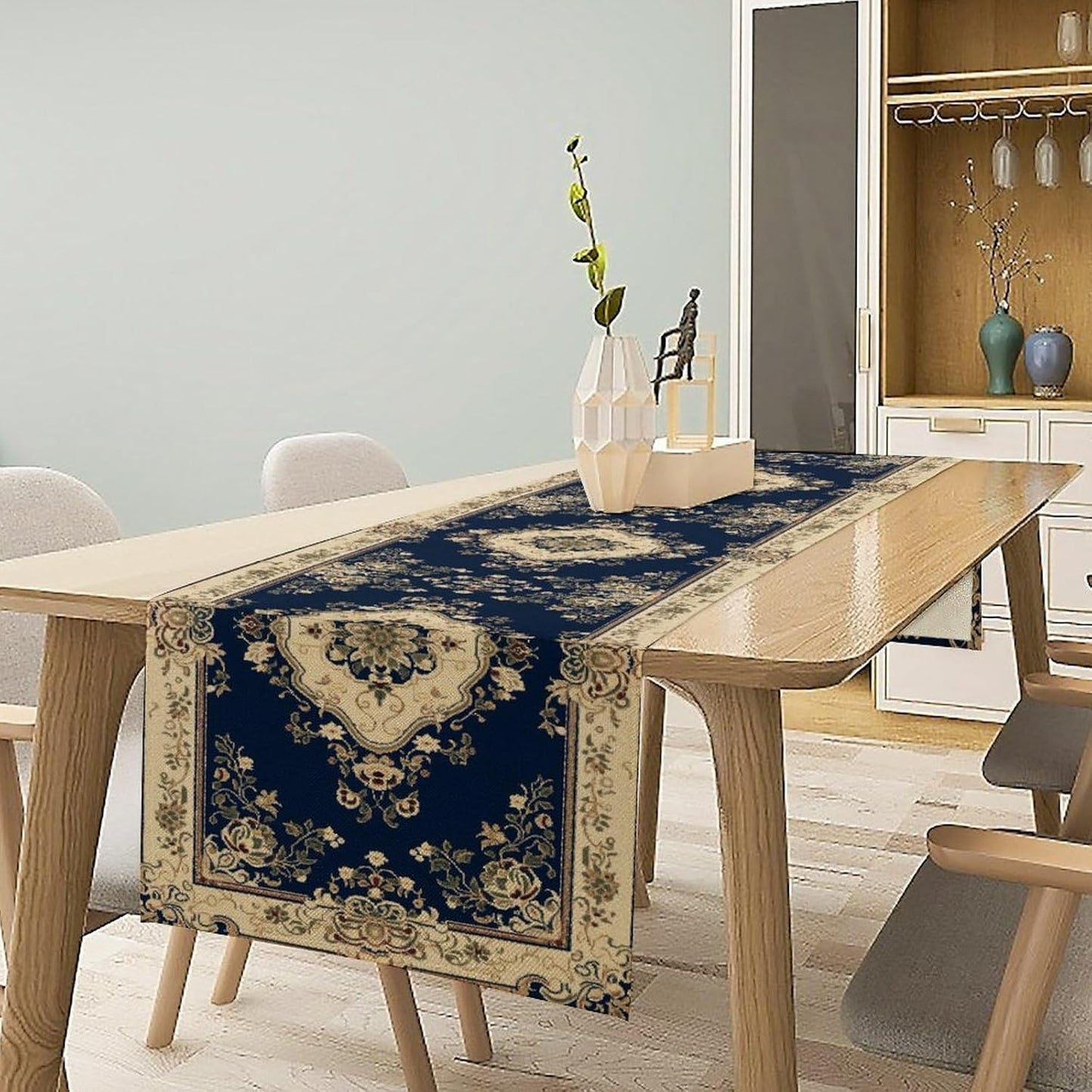 Vintage Elegant Farmhouse Table Runner Blue Beige Flower for Home Farmhouse Kitchen Table Dining Coffee Room Garden Party Wedding Decor 13x108in