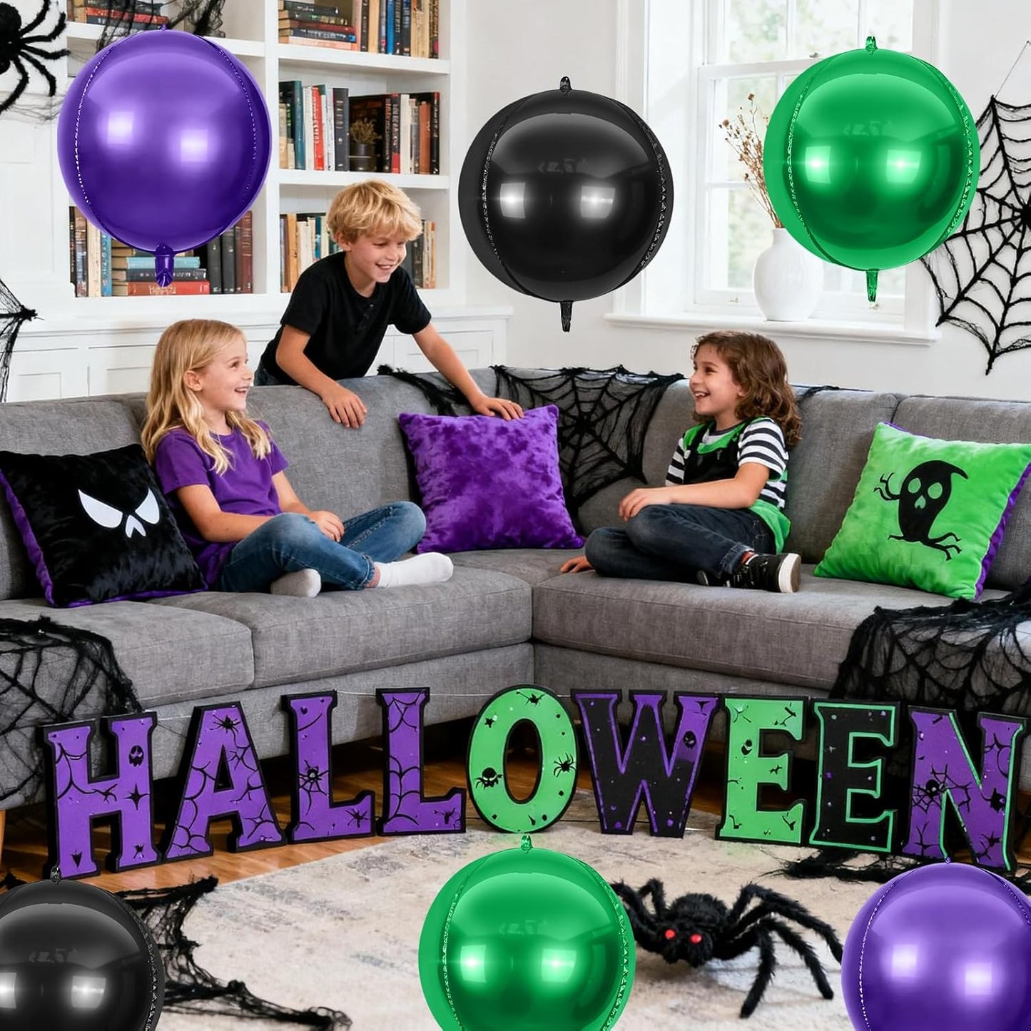 6Pcs Black Green Purple Round Foil Balloons,Giant 4D Round Ball Balloon,22 Inch Balloons for Halloween Kids Birthday Baby Shower Party Decorations