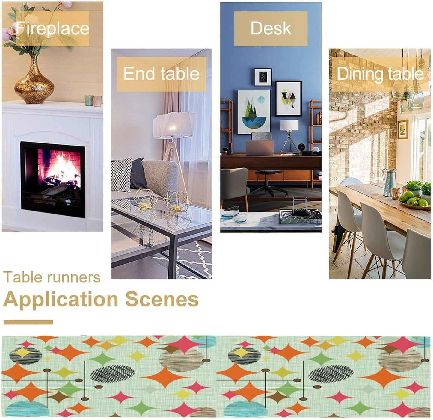 Mid Century Table Runner,Abstract Retro Modern Geometric Colorful Stripe Pattern Print Tablecloth Burlap for Hotel Indoors Outdoor Dining Room Kitchen Holiday Party, 13x36in