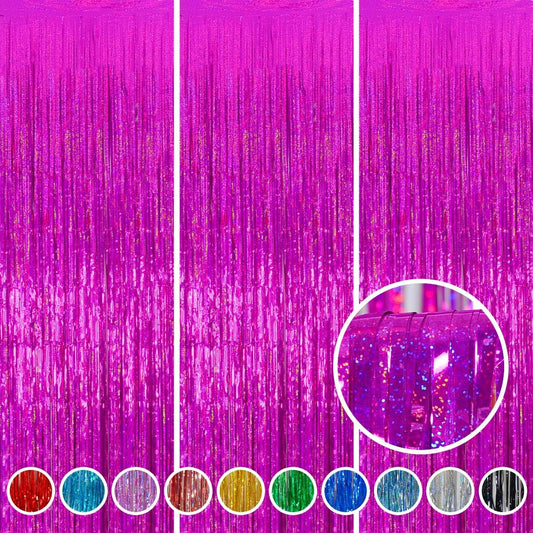 Valentine Backdrop Foil Fringe Curtains Party Decorations - Melsan 3 Pack 3.2 x 8.2 ft Tinsel Curtain Party Photo Backdrop for Birthday Party Baby Shower or Graduation Decorations Rose Red