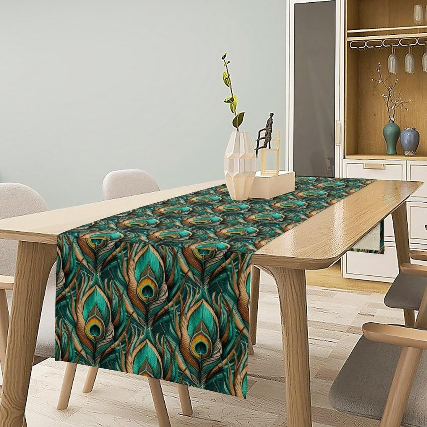 Peacock Feather Table Runner,Retro Aesthetic Green Table Runner for Home Kitchen Dining Party Indoor Outdoor Decoration 13x36 Inch