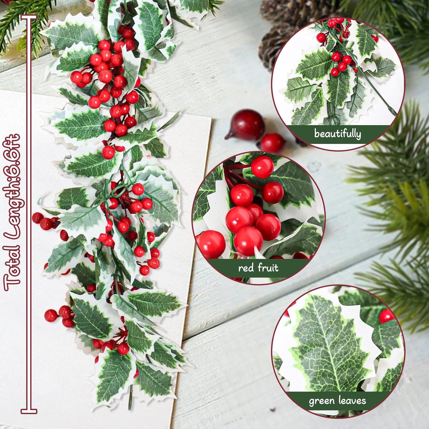 MAKHOT 6Ft Eucalyptus Garland, Green Leaves Wreath Vines Garlands Decorations, Artificial Red Berry Garland for Fireplace Gate Mantle Table Home Party Decor