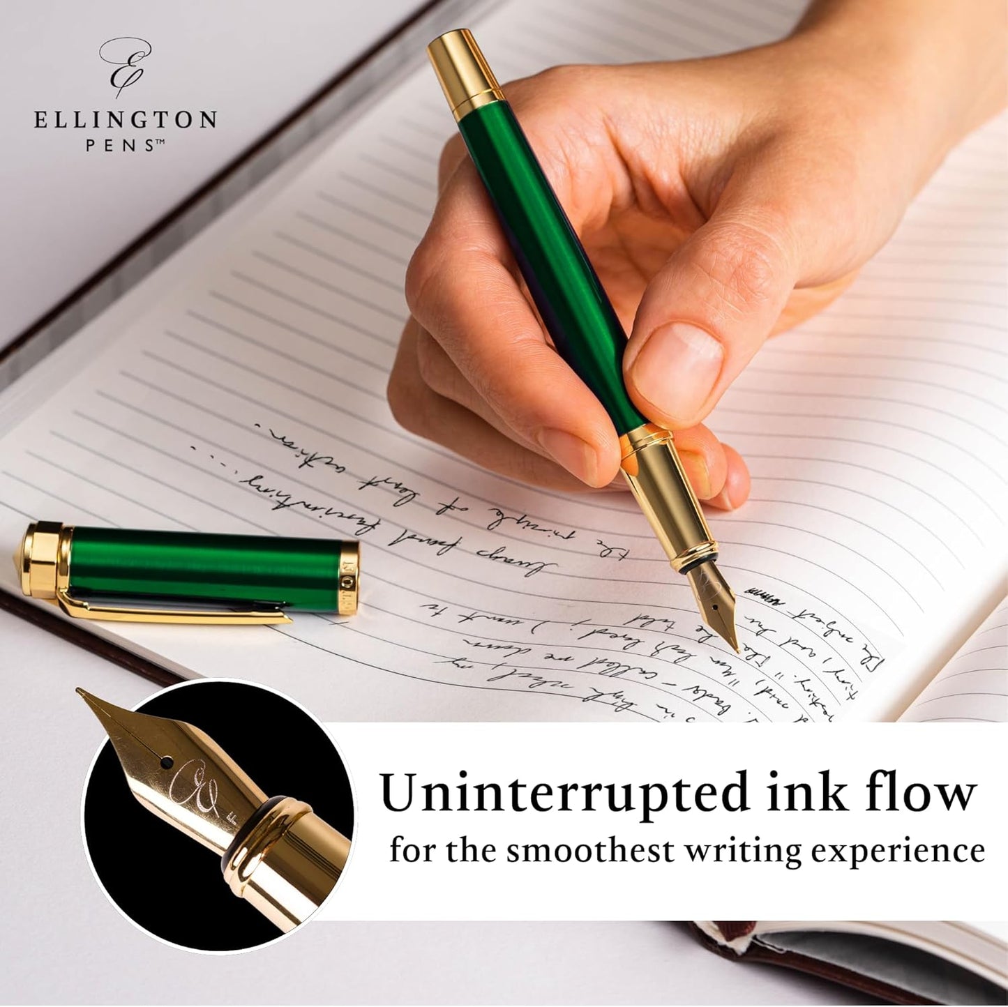 Ellington Pens Luxury Fountain Pen Set- Fountain Pens for Writing - Smooth Fine Nib - Includes Refillable Ink Converter, 3 Ink Cartridges [Black & Blue], Gift Box - Elegant Calligraphy