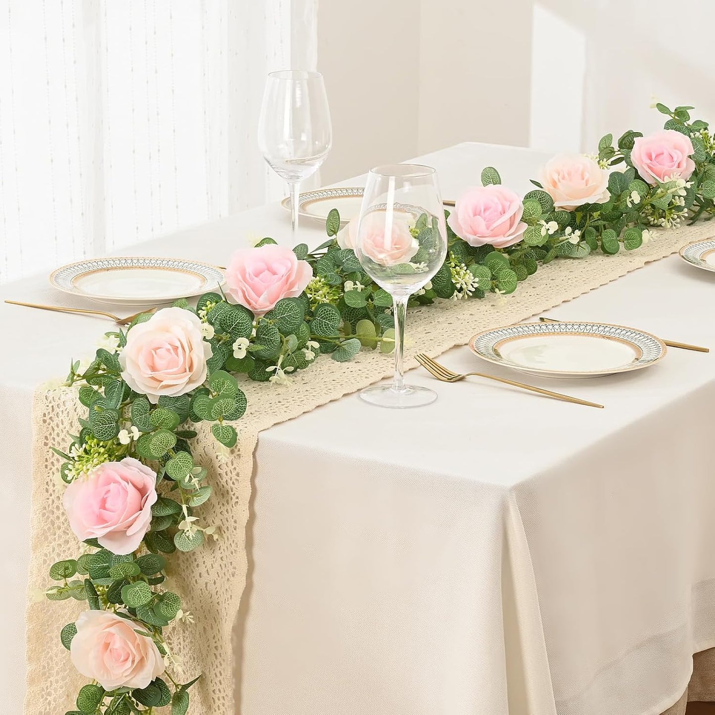 Dolicer 2Pcs 13Ft Artificial Eucalyptus Garlands with Flowers - 8 Roses, Faux Floral Greenery Garlands Fake Flowers Vines for Wedding Table Centerpieces Arch Party Ceremony Backdrop Decor (Pink)