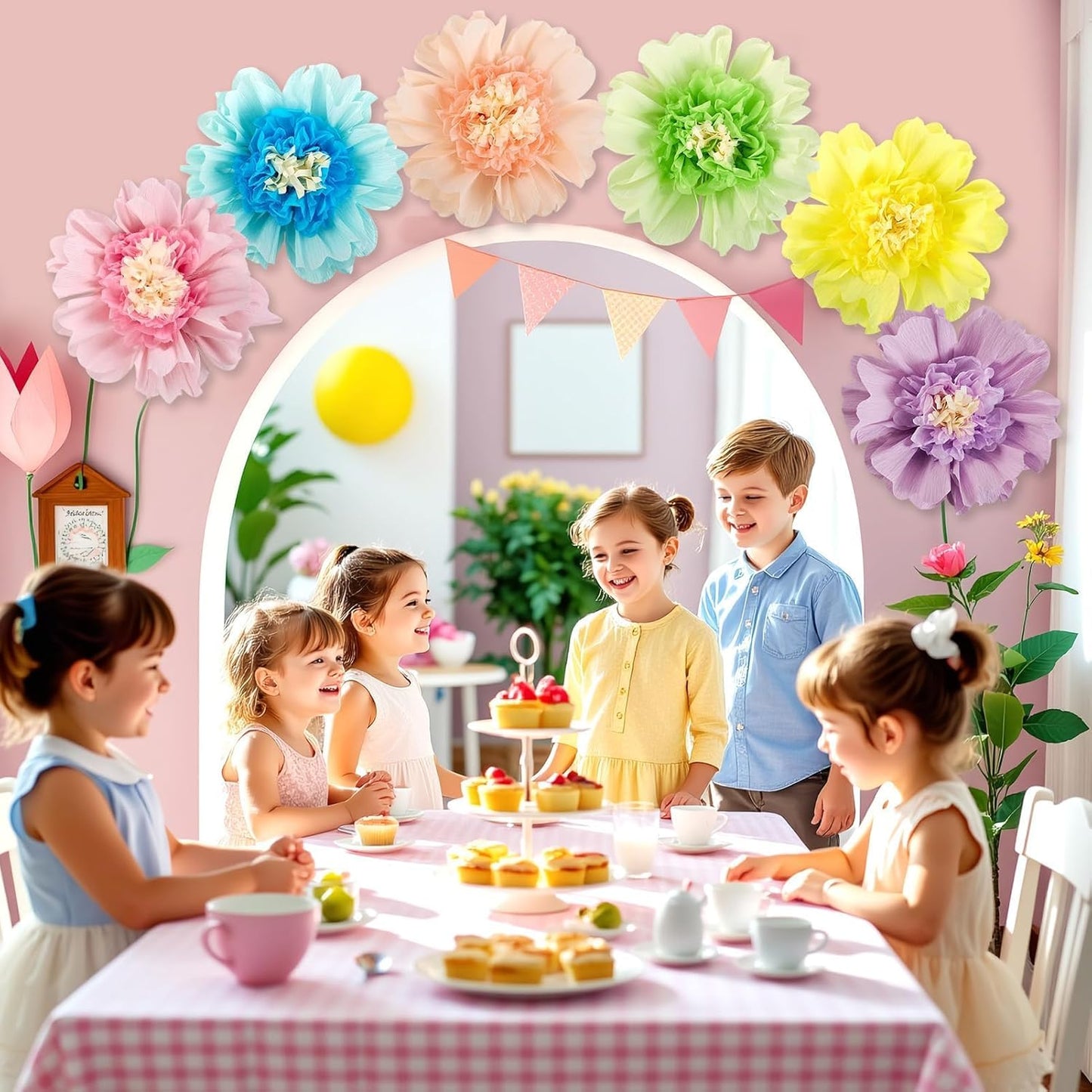 SUNBEAUTY Mexican Paper Flowers Decorations 6 PCS Colorful Fiesta Giant DIY Bulletin Board Large Pastel Tissue Paper Pom Poms 12" for Party Birthday Wedding Nursery Baby Bridal Shower Backdrop