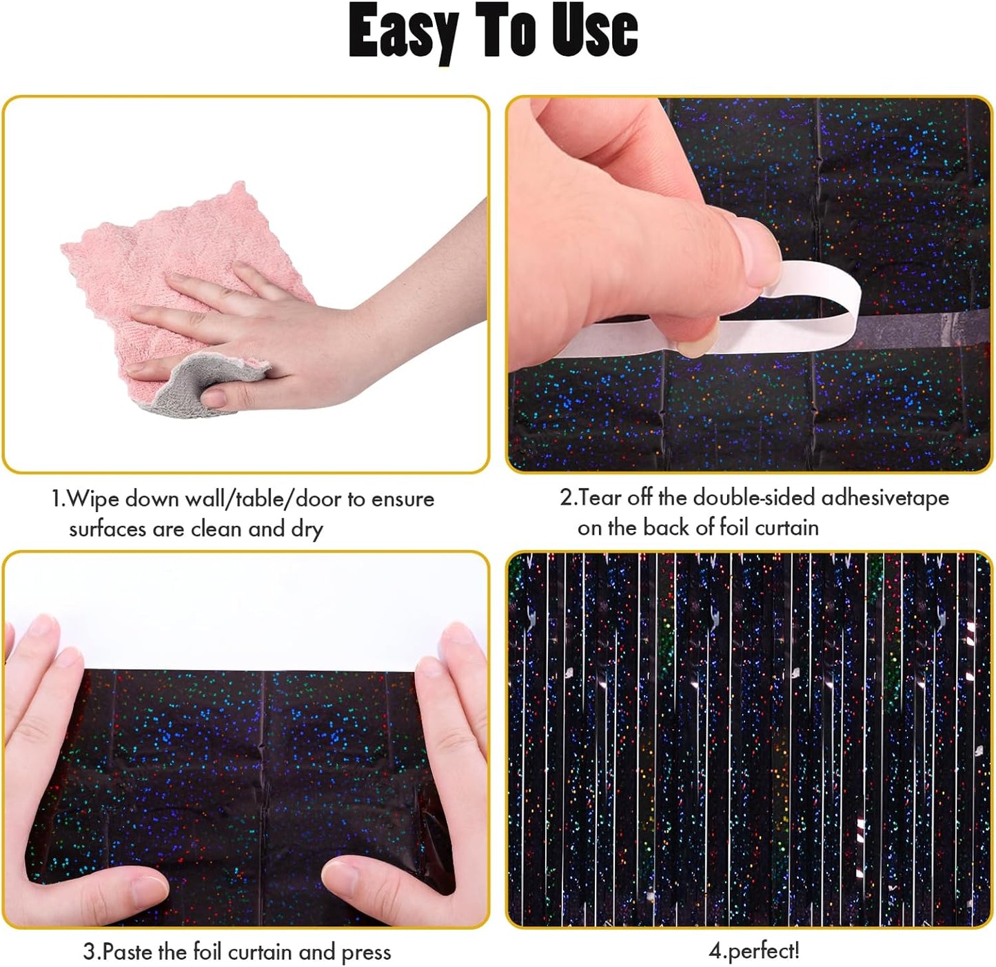 CANREVEL 2 Pack 3.3x8.2 Feet Laser Black Foil Fringe Backdrop Curtains, Tinsel Streamers Birthday Party Decorations, Fringe Backdrop for Graduation, Halloween, Happy New Year, Disco Party