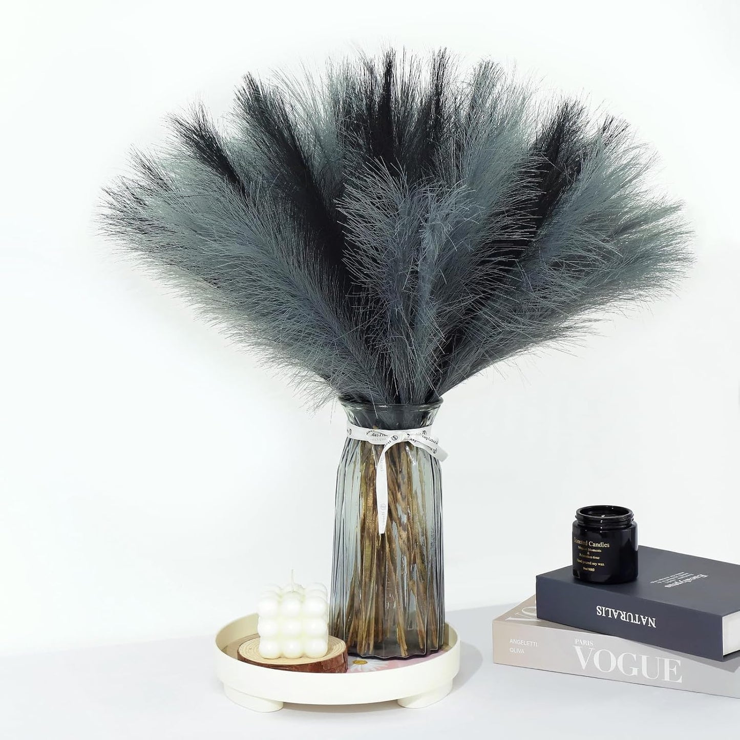 60 Pcs Pampas Grass Decor 21.7 Inch Faux Light Grey and Dark Grey Pampas Grass Bulk Artificial Dried Flowers Small Vase Filler Pompas Grass.