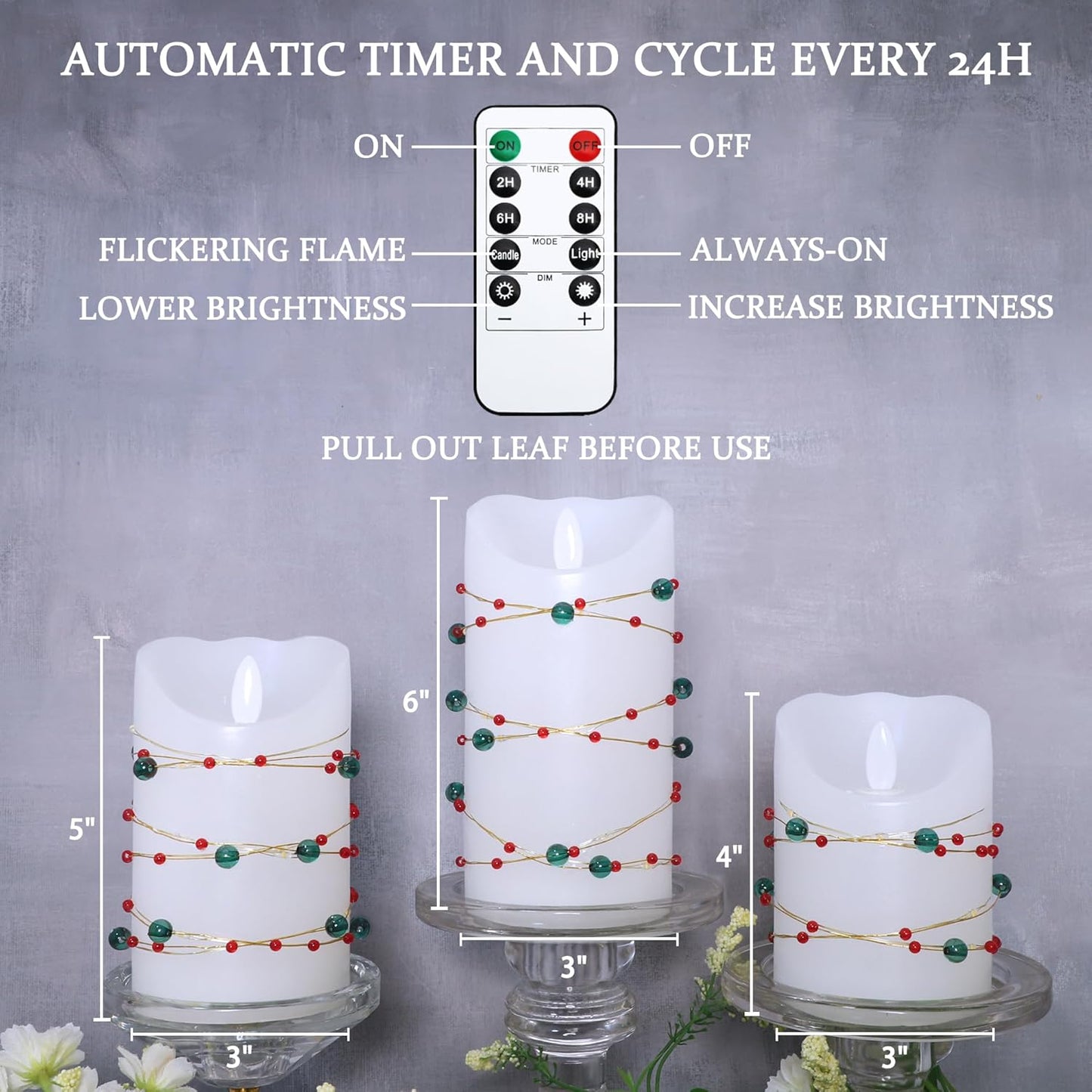 Christmas Flameless Candles with Red Green Beads String Lights - Real Wax Christmas Decor Battery Operated Candles with Remote & Timer- Home Party Bedroom Holiday Xmas Decorations - Set of 3