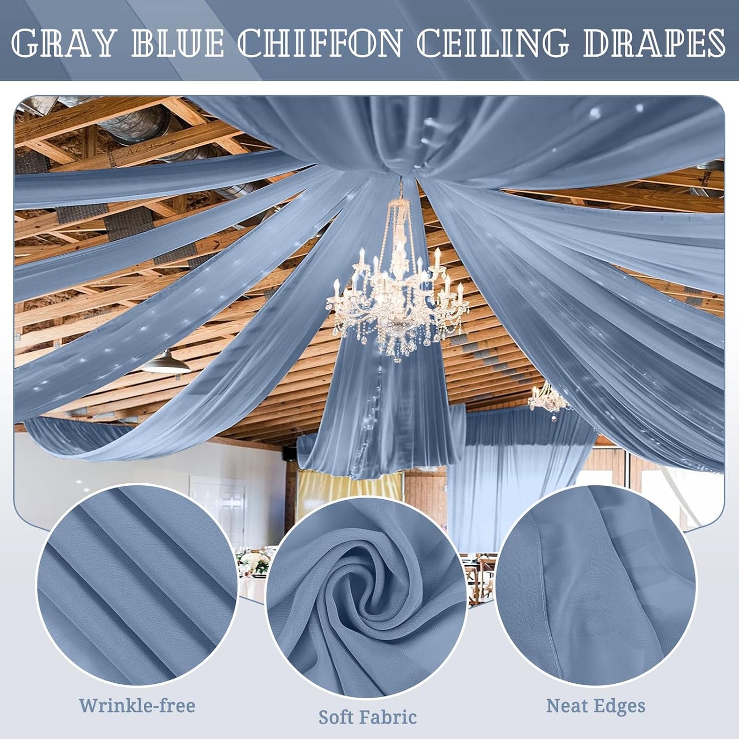 6 Panels Dusty Blue Ceiling Drapes for Wedding 5ftx30ft Chiffon Fabric Arch Draping Curtains Sheer Drapery for Party Ceremony Birthday Baby Shower Reception Stage Swag Ceiling Decorations