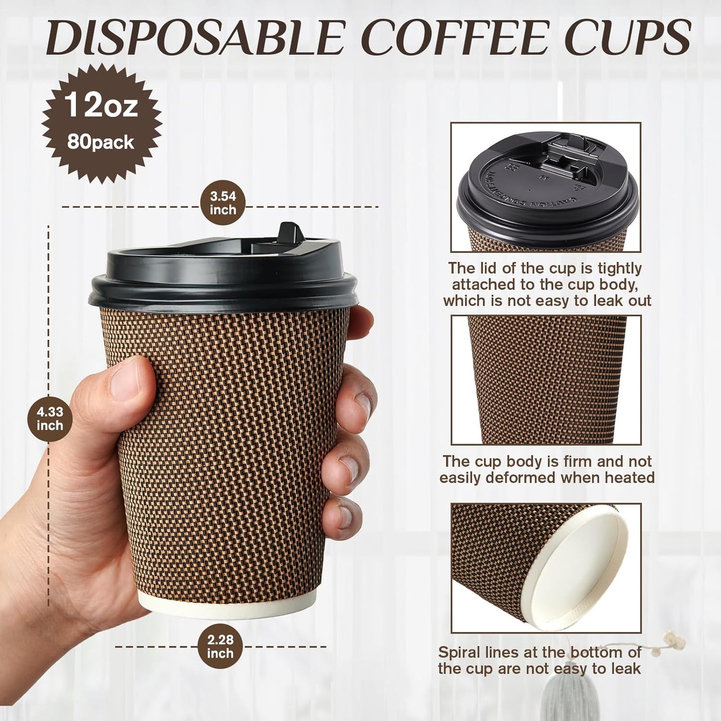 LITOPAK 80 Pack 12 oz Paper Coffee Cups, Insulated Ripple Wall Hot Coffee Cups with Lid and Straws, Brown Three Layer Insulated Hot Beverage Cups for Parties, Picnic, and Travel