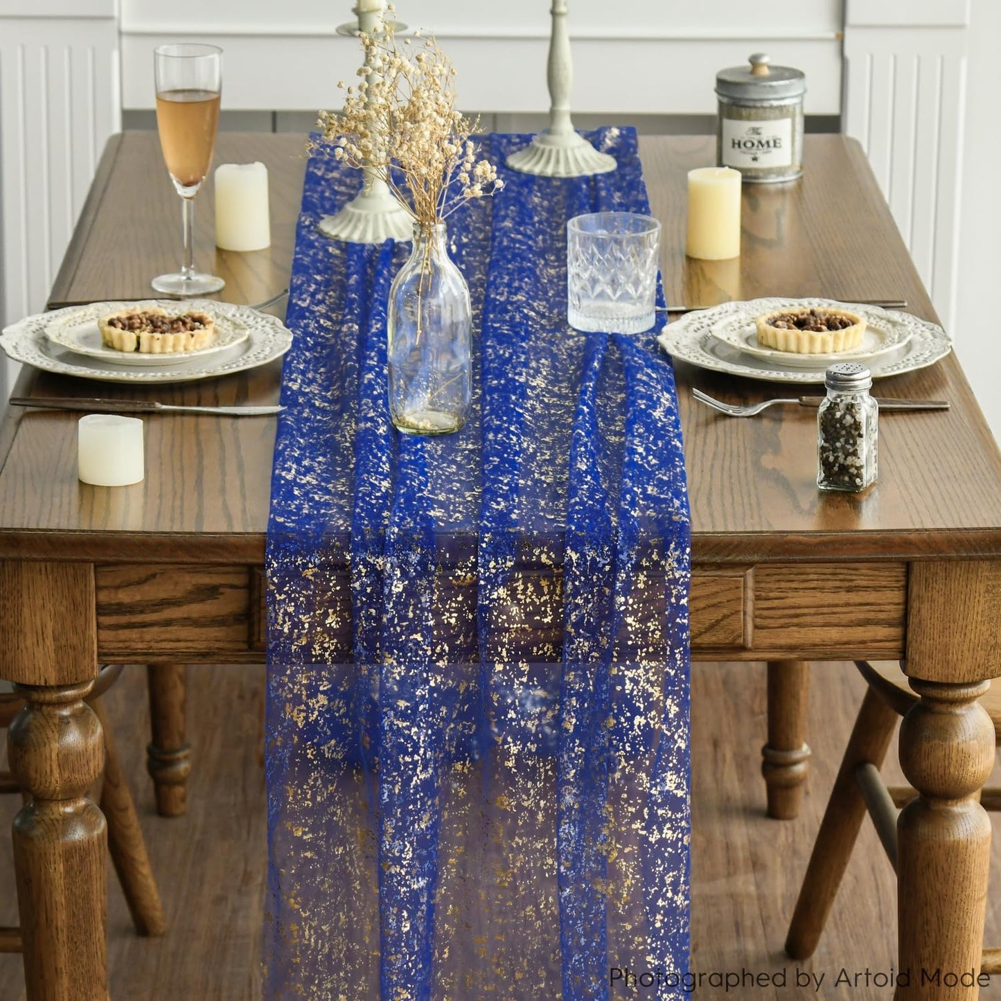 Artoid Mode 3PCS Blue Gold Gauze Table Runner 120 Inch 10FT, Glitter Metallic Foil Sheer Dining Wedding Anniversary Holiday Table Decor for Home Party