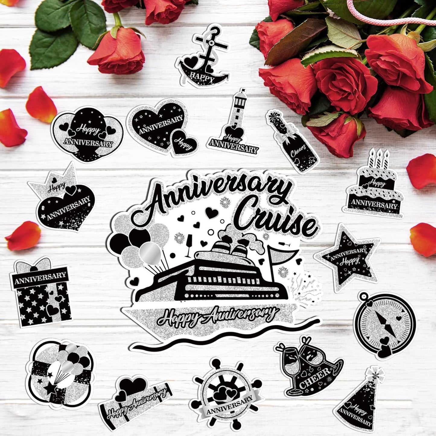Happy Anniversary Cruise Door Magnets Decorations,Black Silver Happy Anniversary Cruise Ship Door Decor Magnetic for Married Men Women Wedding Party Refrigerator Fridge Car Kitchen Garage Personalized
