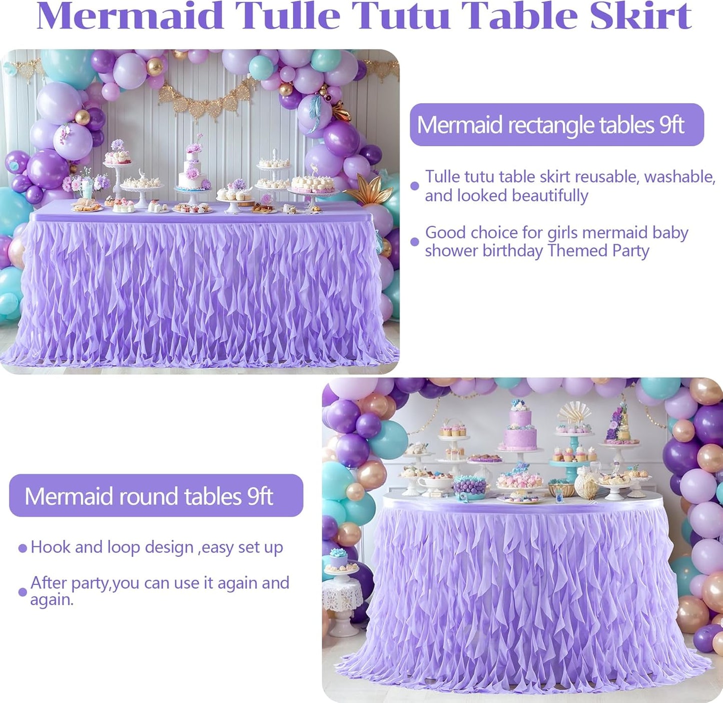 PARTISKY Lavender Purple Tulle Curly Willow Table Skirt for Rectangle Table 9ft, Ruffle Tutu Table Cloth for Girls Boys Baby Shower,Mermaid Birthday Party