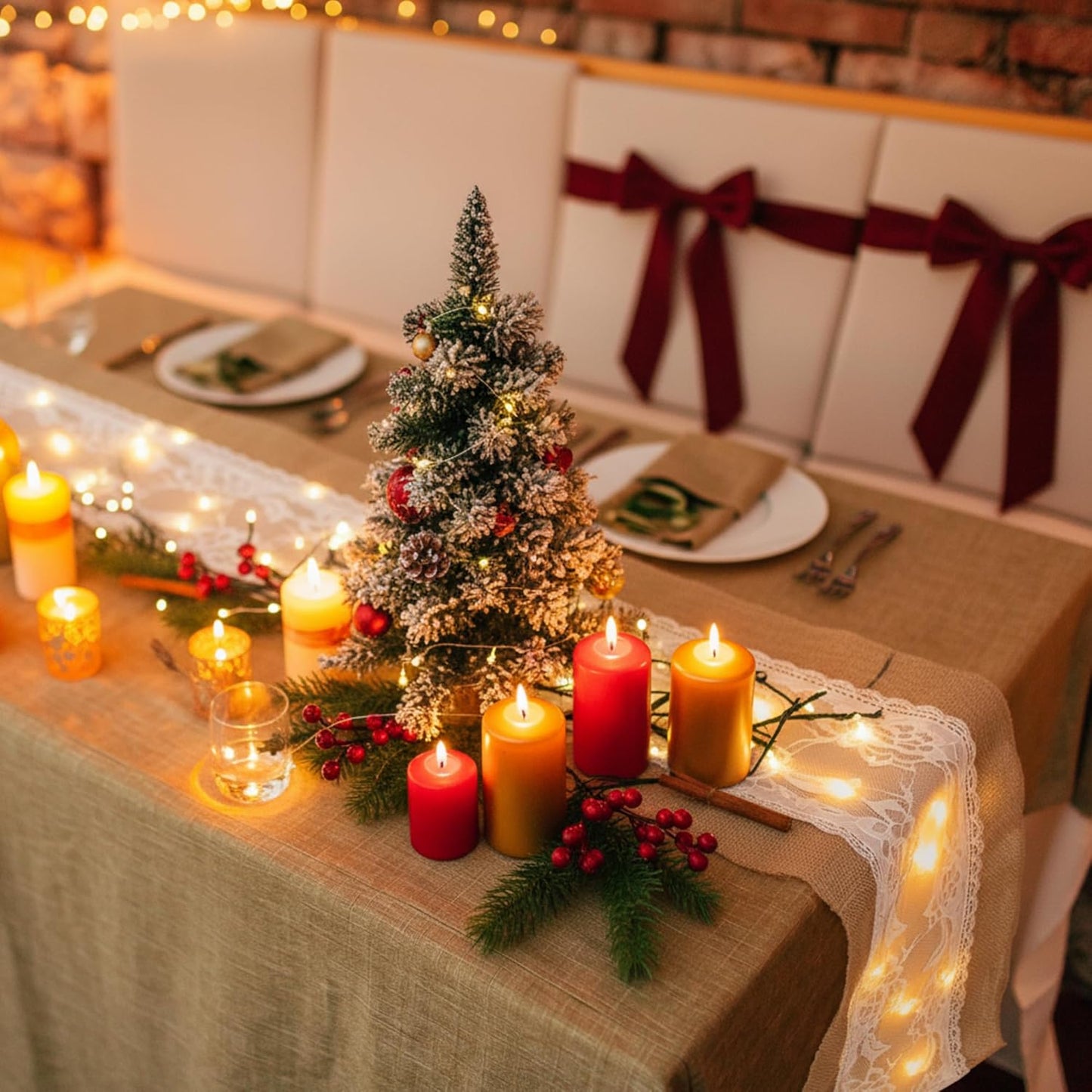 Xinnun 6 Pack Burlap Table Runner with LED String Lights, Modern Rustic Lace Natural Vintage Boho Jute Wedding Table Decor for Farmhouse Thanksgiving Christmas(Christmas Trim,12x70 Inches)