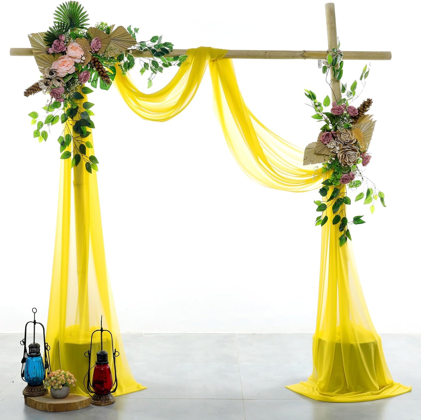 VDS Pack of 2 Panel (30 Inch X 50 Feet) Wedding Arch Draping Fabric Sheer Chiffon Fabric Drapery for Wedding Ceremony Reception Swag Backdrop Canopy Chuppah ARBO Altars Decoration (Yellow)