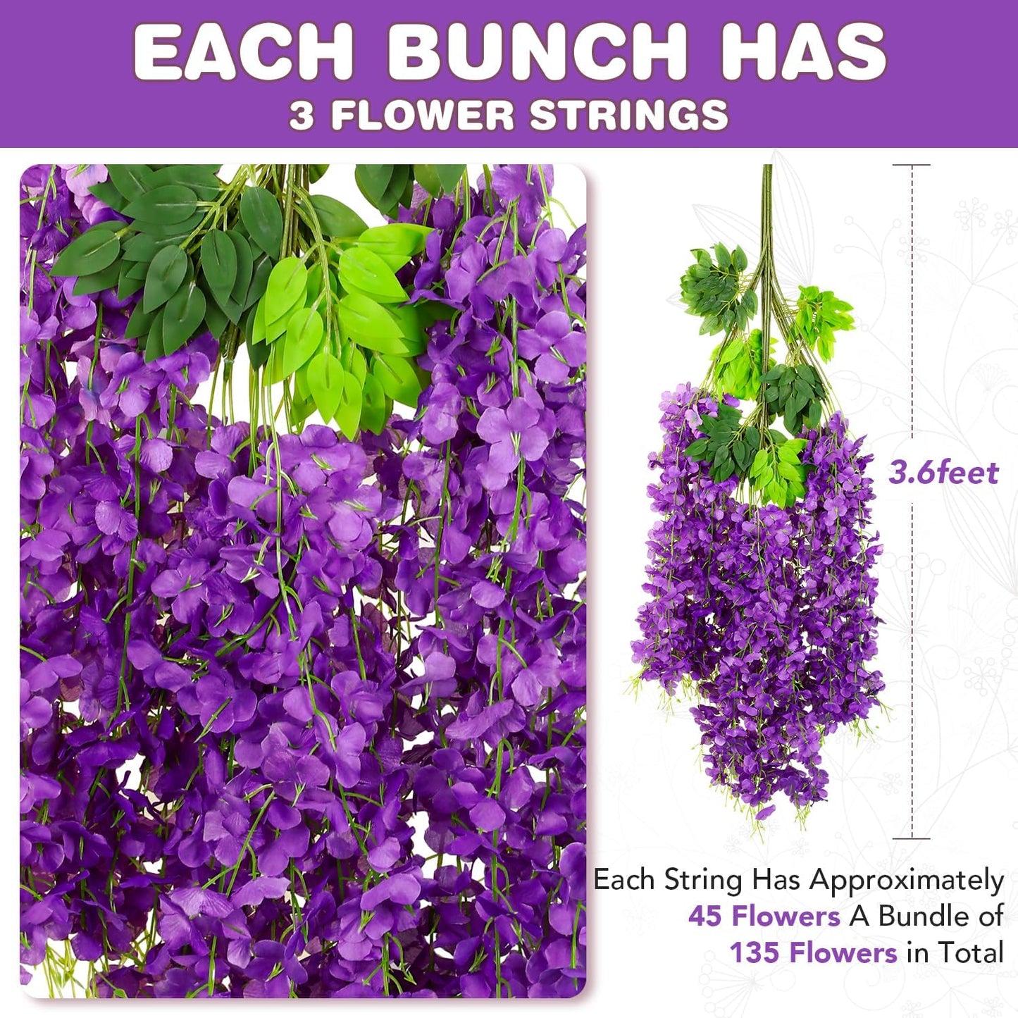 Wisteria Hanging Flowers,Fake Hanging Flowers,Wisteria artificiales Garland for Home Wedding Arch Floral Party Garden Ceremony Outdoor Decor,3.6 feet Long(150,Purple)