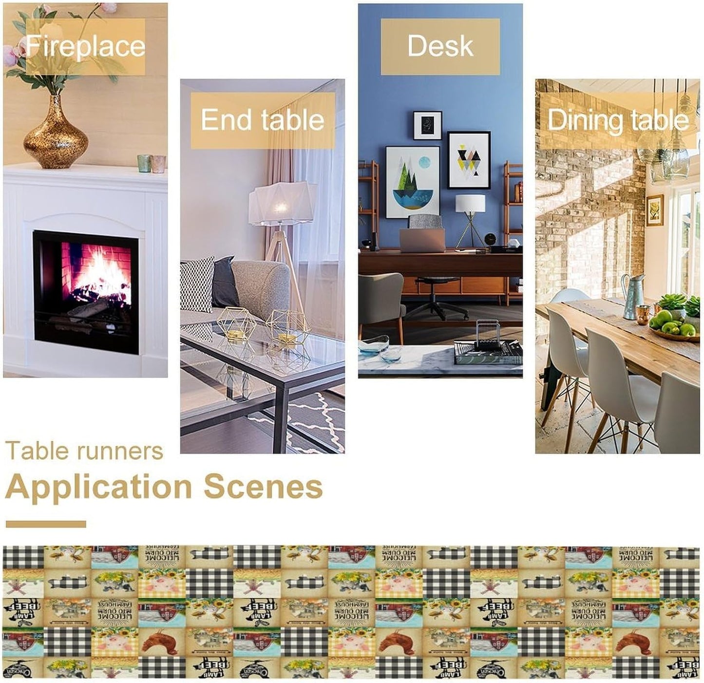 Farmhouse Animals Table Runner,Rustic Cabin Pig Chicken Cow Sunflowers Geometric Grids Burlap for Hotel Indoors Outdoor Dining Room Kitchen Holiday Party, 13x80in