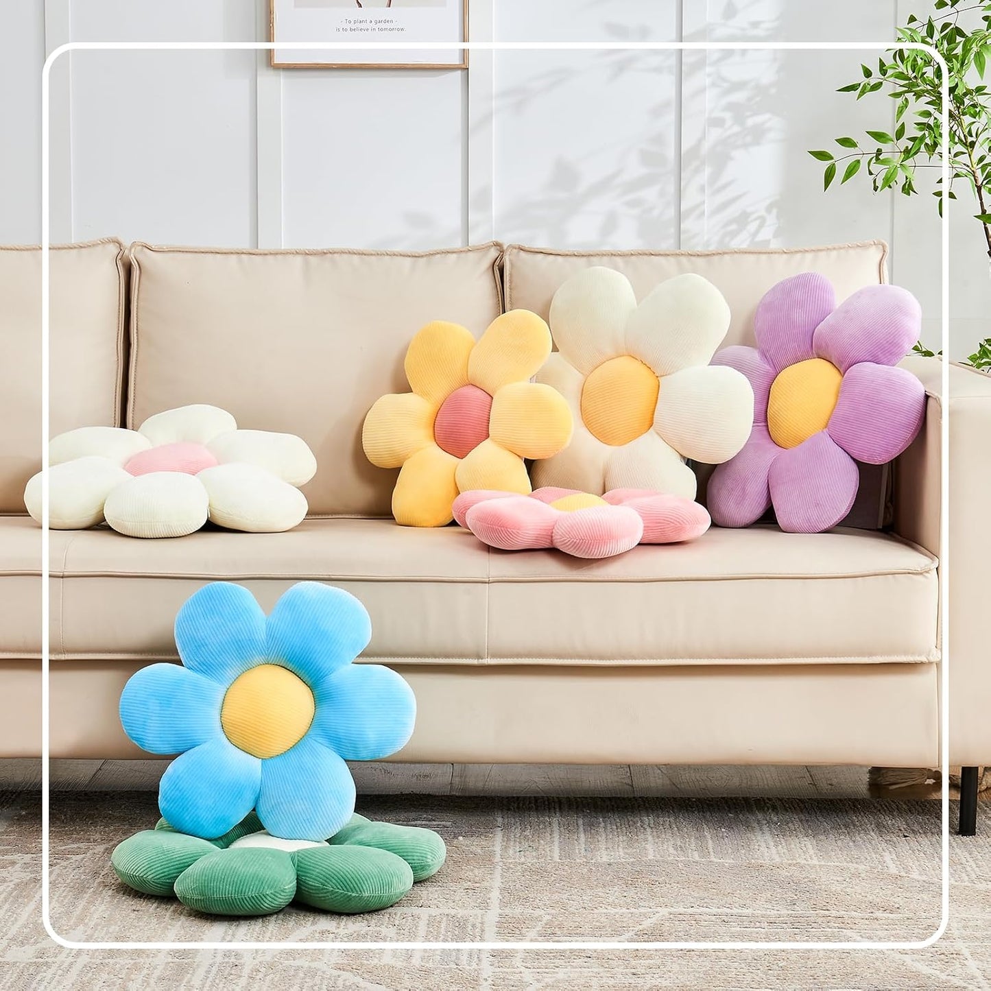 Blue Flower Pillow, 14.9" Cute Flower Shaped Floor Pillow, Aesthetic Floral Plush Daisy Decorative Throw Pillows for Bed Sofa Couch