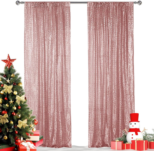 Hahuho Rose Gold Sequin Backdrop Curtain, 2PCS 2FTx8FT Glitter Backdrop Curtain for Parties, Christmas, Wedding, Party Decoration（2 Panels, 2FT x 8FT, Rose Gold