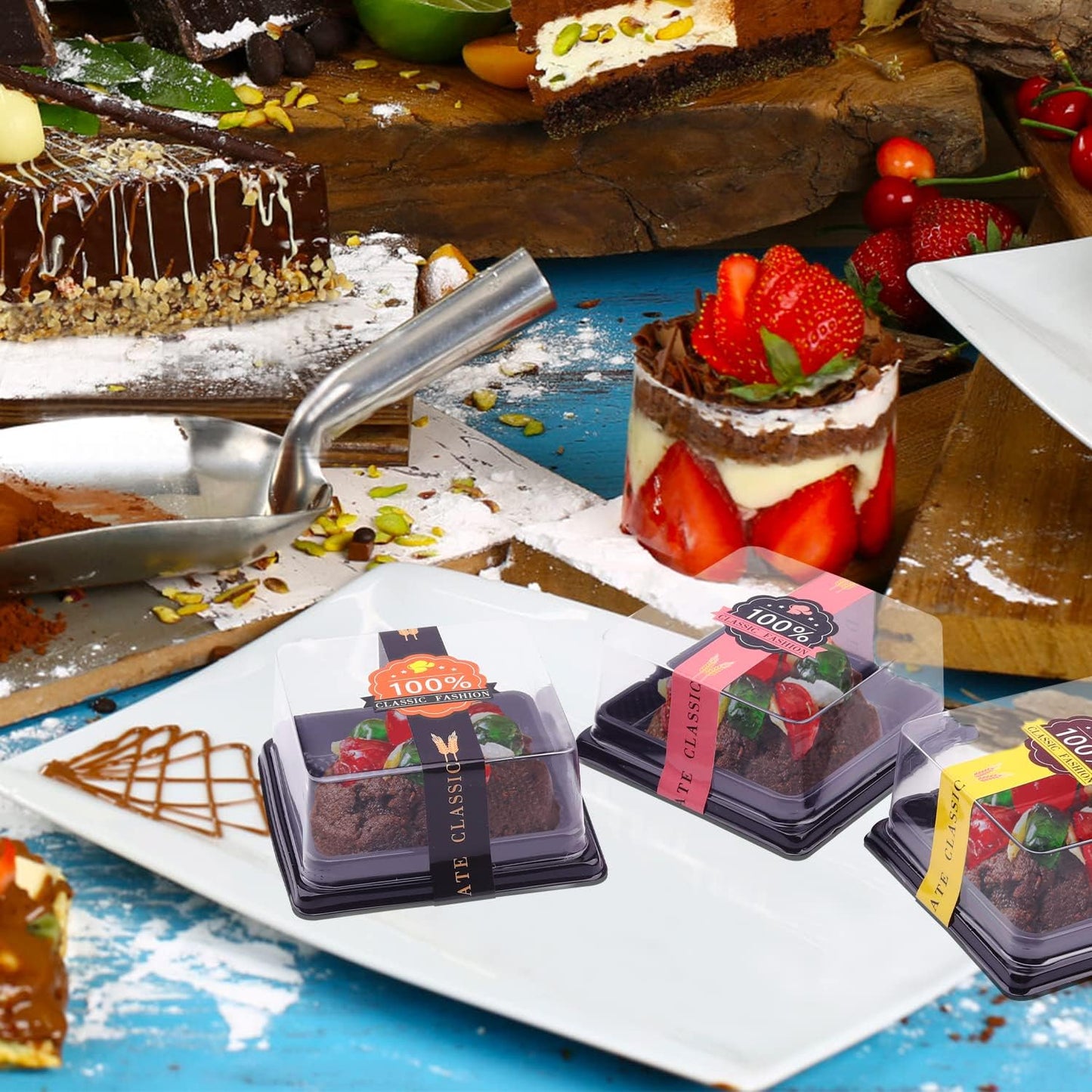 50 Pcs 3.5 Inch Mini Cake Containers - Clear Plastic Cupcake & Muffin Dessert Holders - Mooncake & Cookie Boxes - Wedding & Birthday Gift Box Set With 50 Pcs Stickers