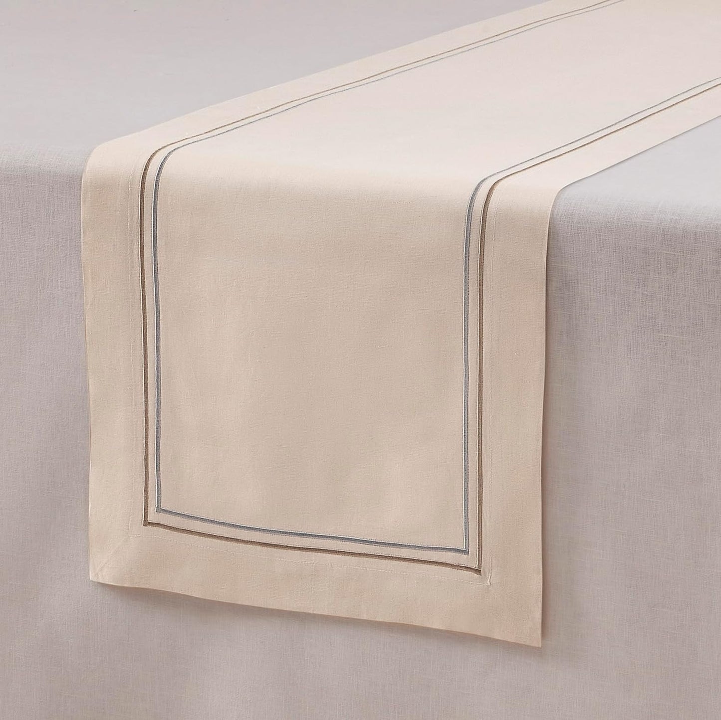 Cotton Linen Table Runner 90 Inches Long – Summer Beige Table Runner 14 x 90 Inch – Washable Fabric Farmhouse Runner Line Embroidery – Wedding Decoration, Git