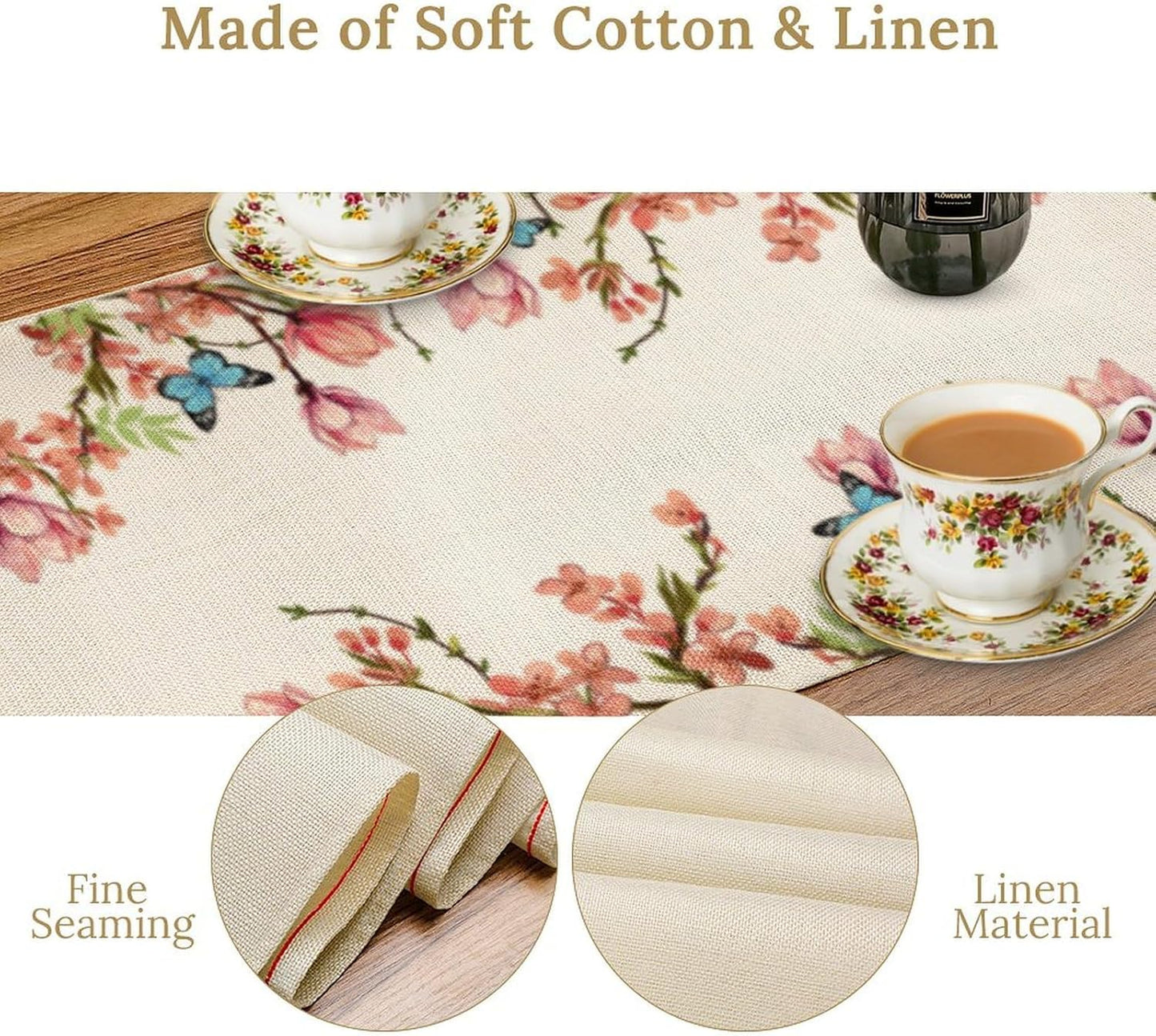 Spring Floral Bird Table Runner, Watercolor Pink Flower Plants Nature Butterfly Table Runner for Kitchen Dinner Living Room Home Party, 13x108 Inch