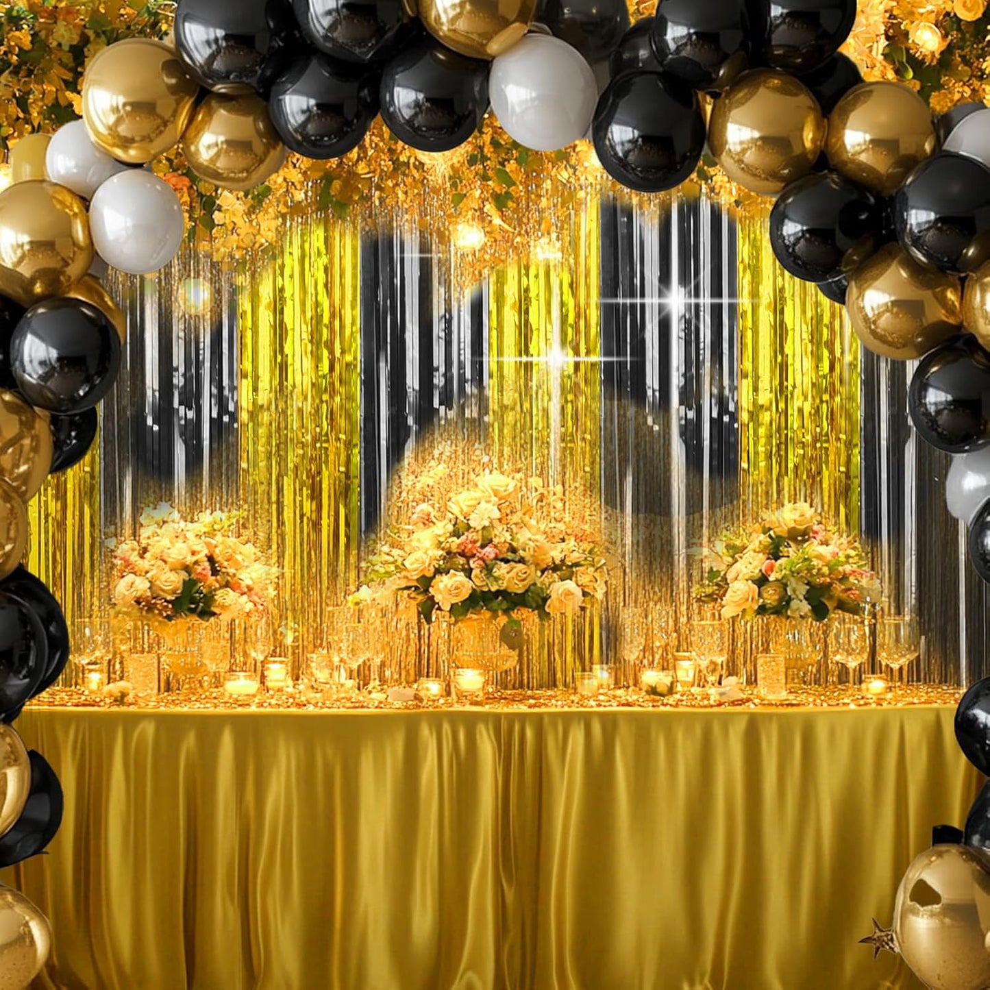 4 Packs Black and Gold Foil Fringe Curtain, Black Gold Metallic Tinsel Backdrop for Birthday, Wedding, Graduation Decorations 2025, Anniversary, Retirement Party Decorations Supplies